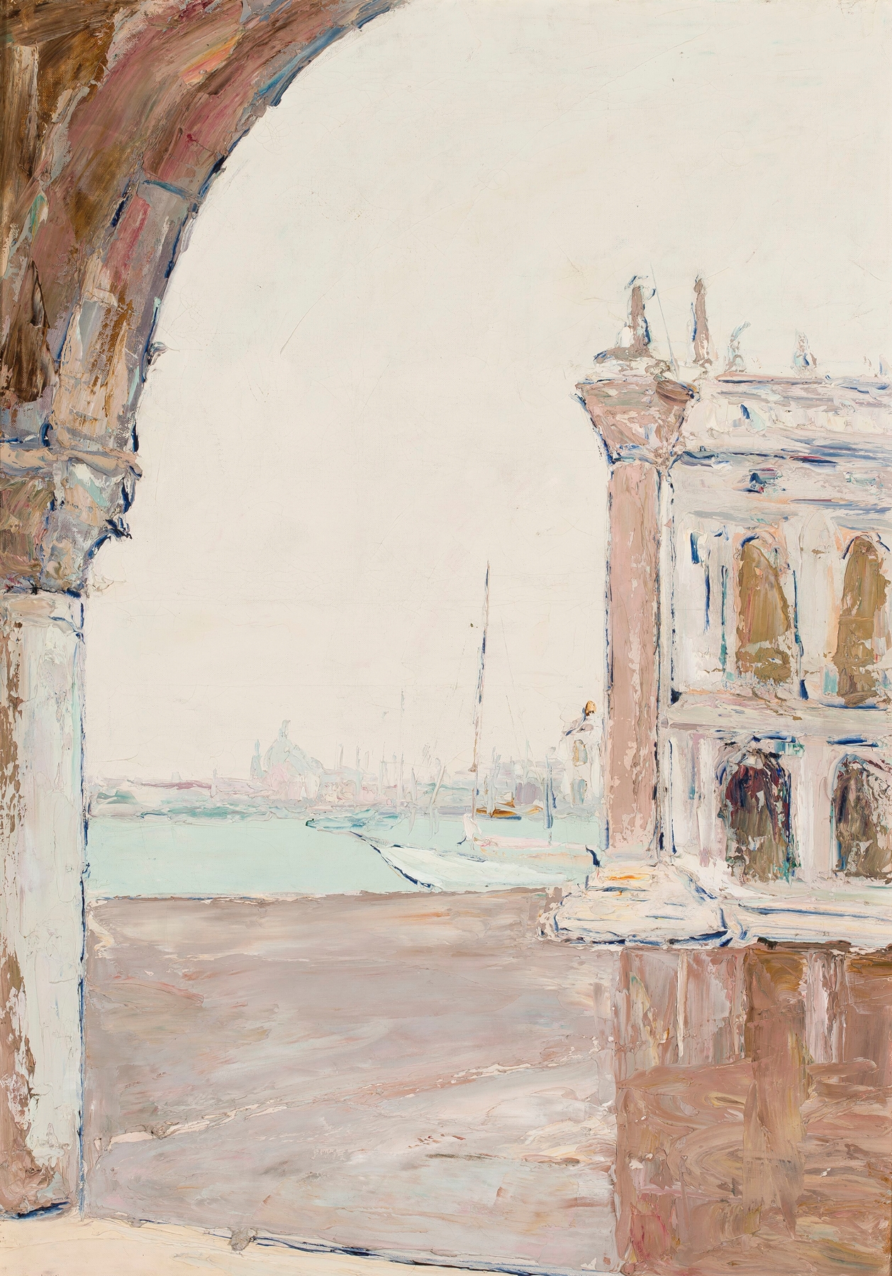 Oil painting by Włodzimierz Terlikowski depicting a twilight scene in Venice with a bridge and canals.