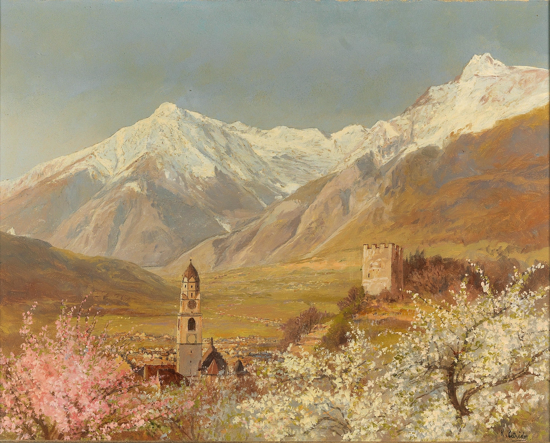Landscape depicting spring hills by Konrad Petrides, oil painting.