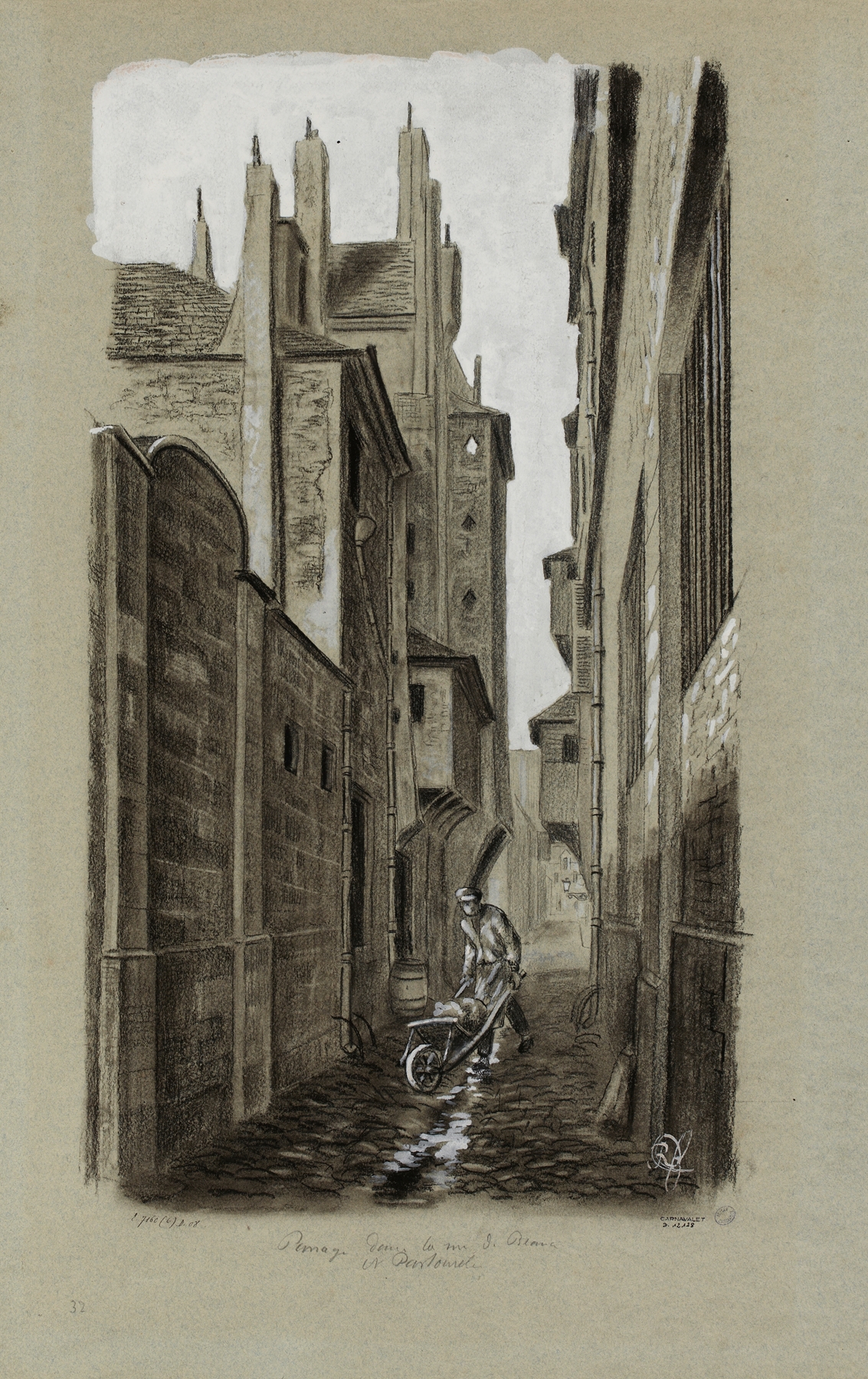 Oil on canvas by Robert Frémont depicting a narrow path between historic facades.
