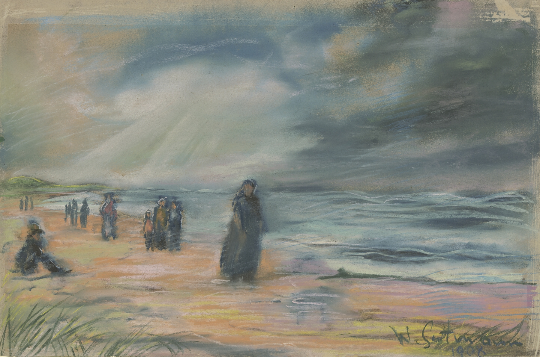 Stroller at the beach by Wilhelm Gutmann, Impressionism, depicting a sunny beach scene
