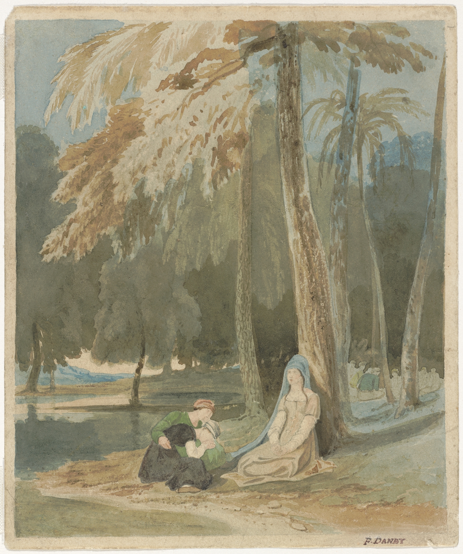 Three women by a wooded lake, oil painting by Francis Danby