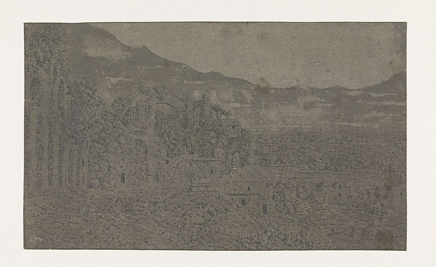 Etching by Hercules Segers depicting roman ruins and a distant city