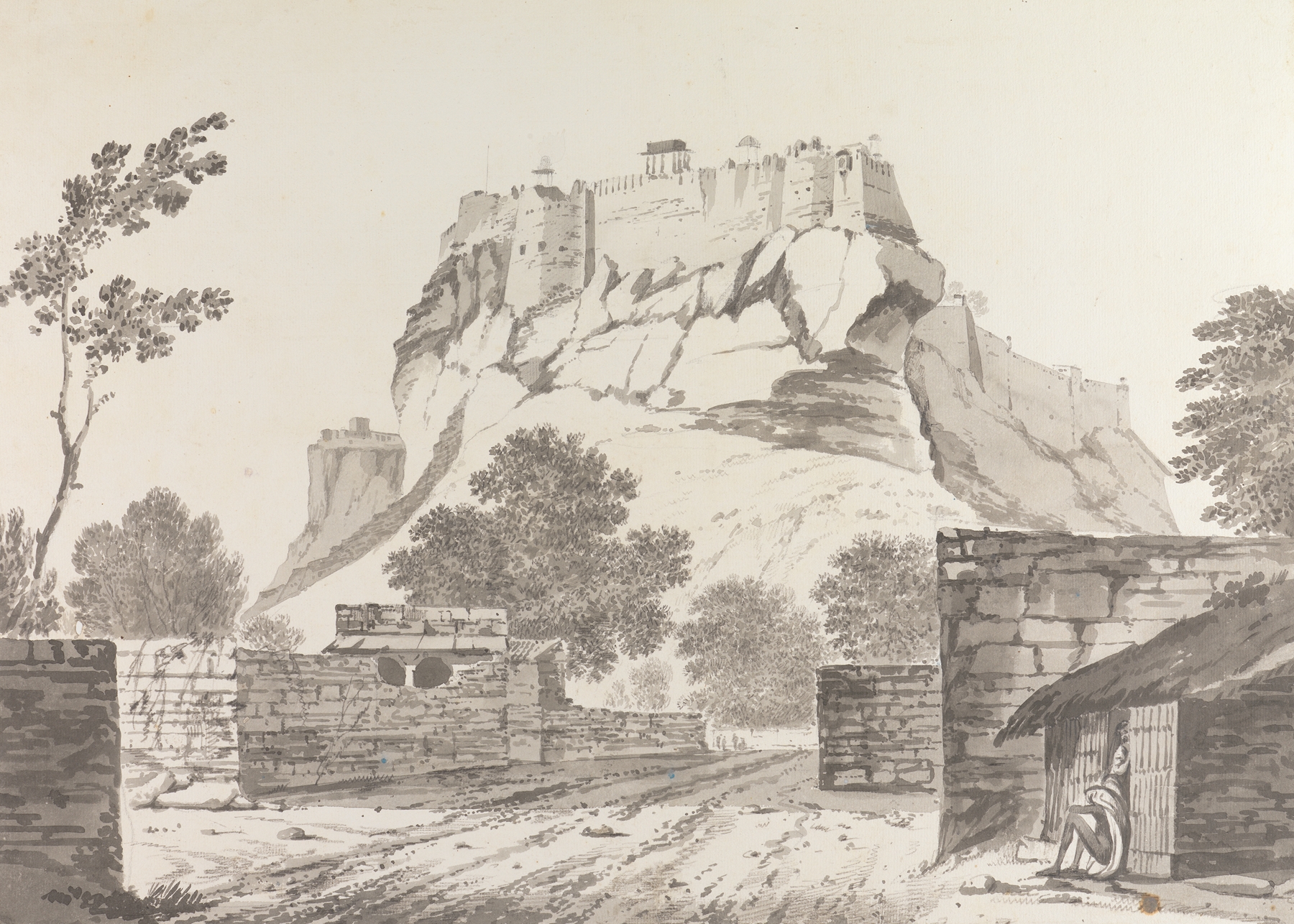 Original drawing by William Hodges depicting a tranquil river landscape.