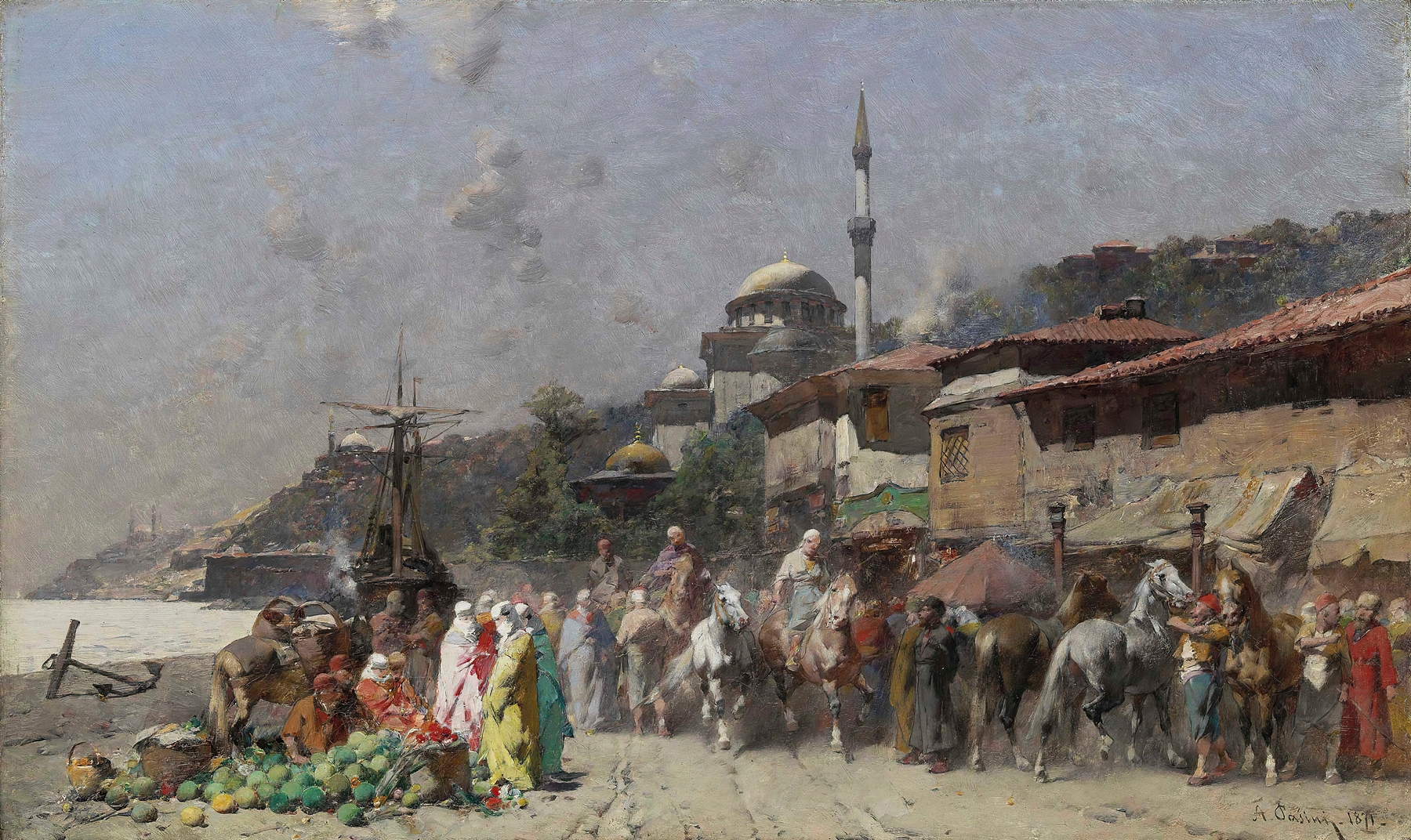 Marketplace On The Bosporus, Constantinople And The New Mosque Beyond, by Alberto Pasini, public domain
