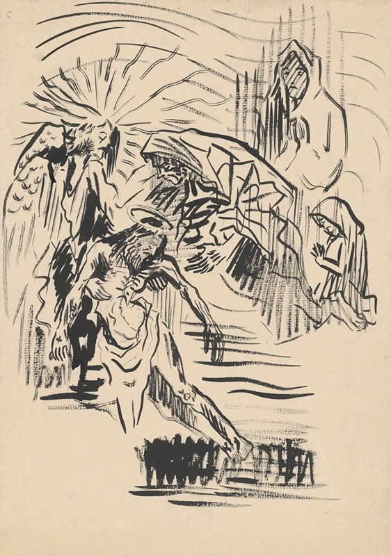 A depiction of Christ's lamentation surrounded by figures in a somber setting.