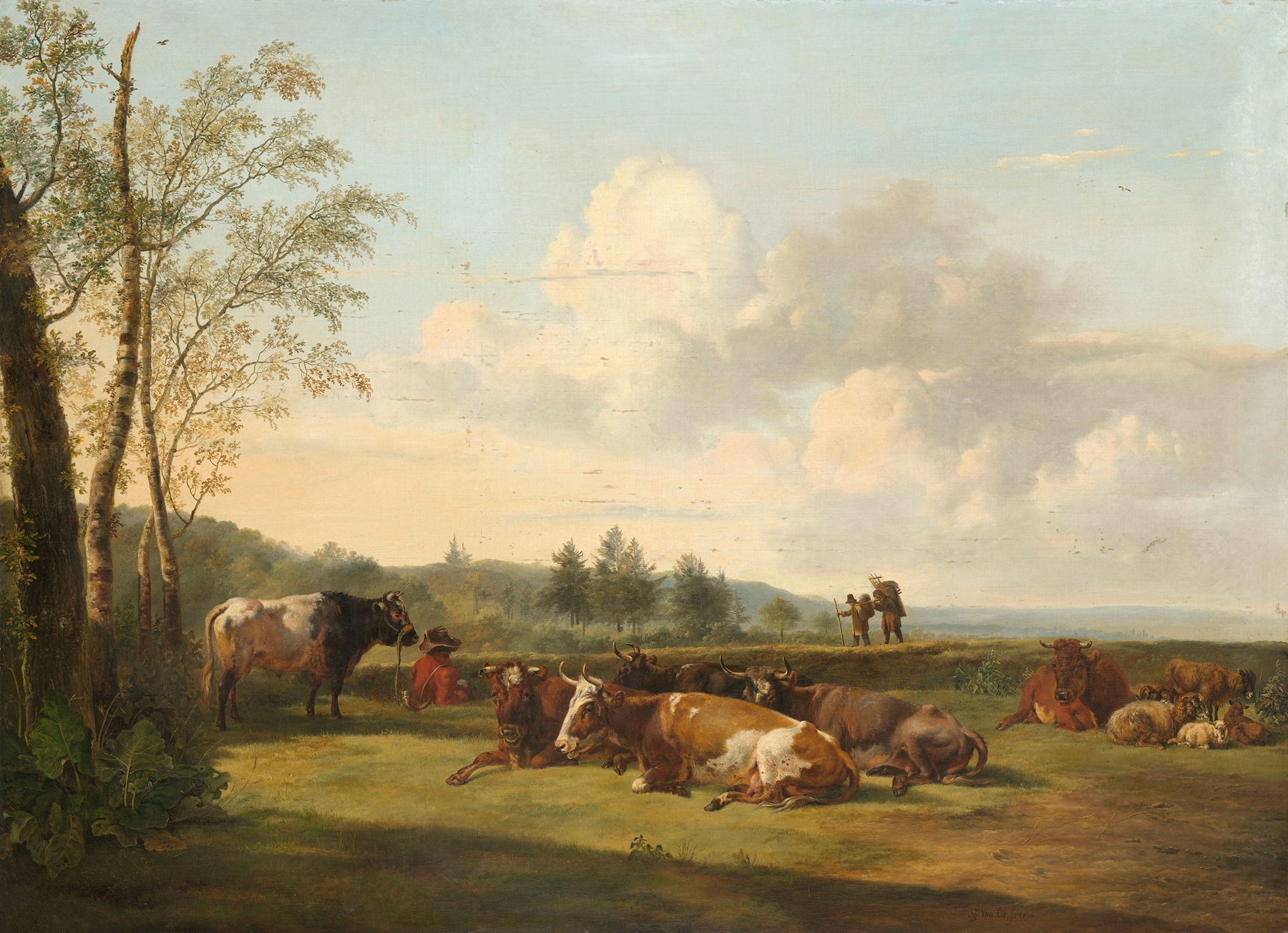 Landscape with Cattle, oil on canvas by Pieter Gerardus van Os, featuring rolling hills and grazing cattle.