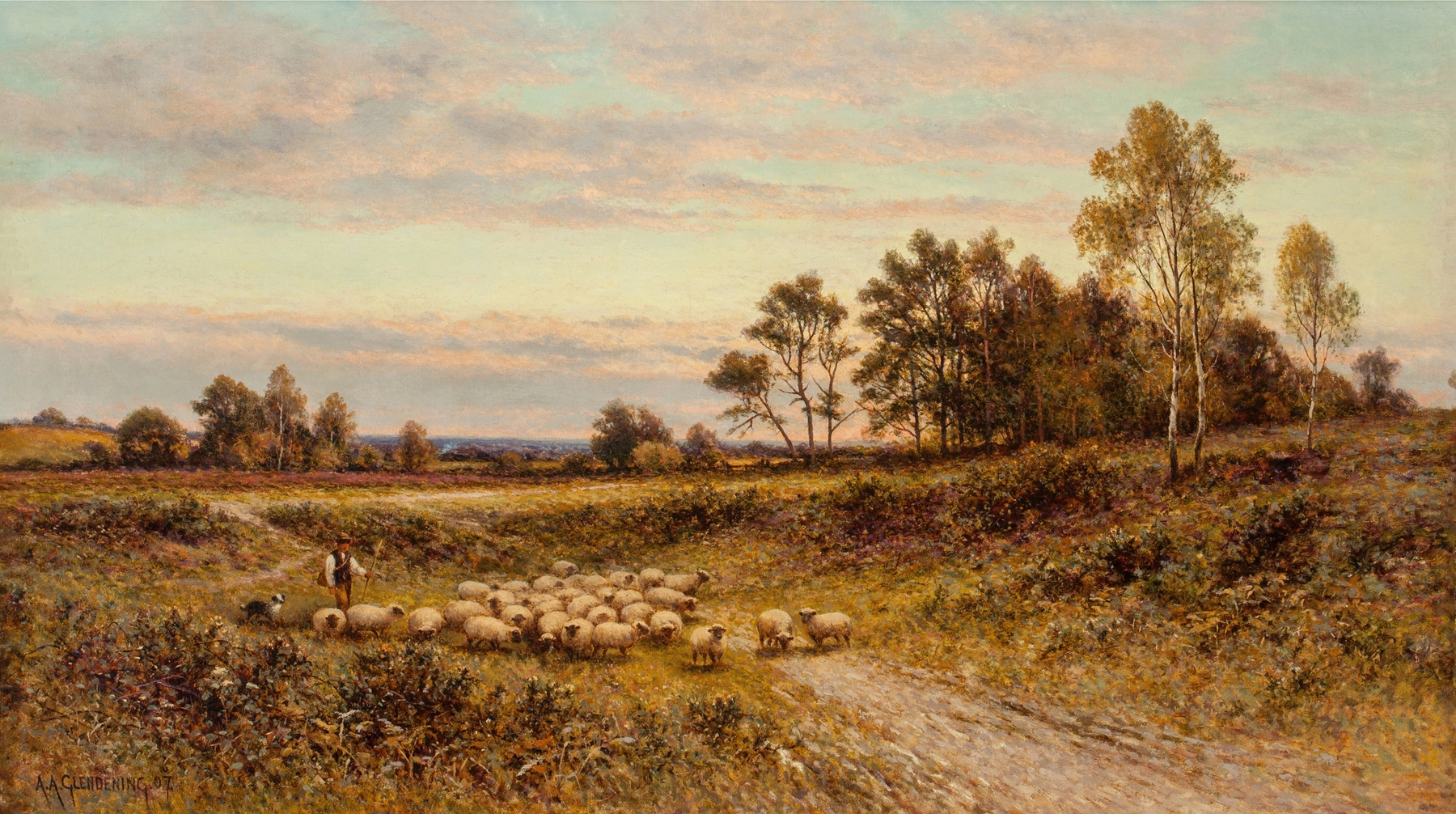 Grasmere, Cumberland by Alfred Augustus Glendening, oil on canvas depicting a serene lake and hills.