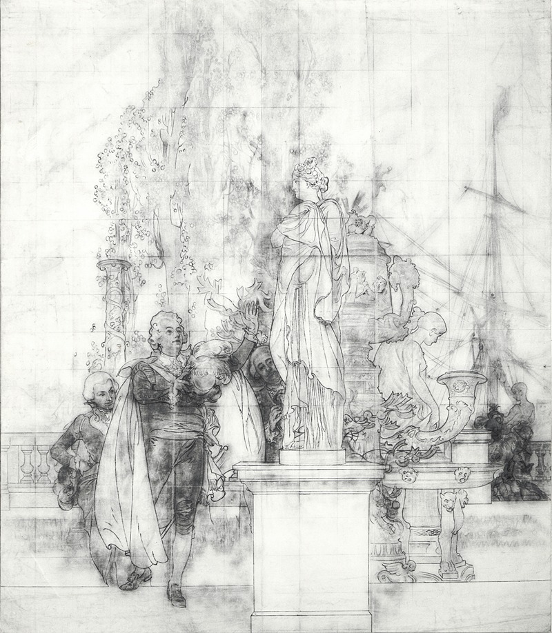 A historical painting depicting King Gustav III of Sweden receiving antique art pieces.