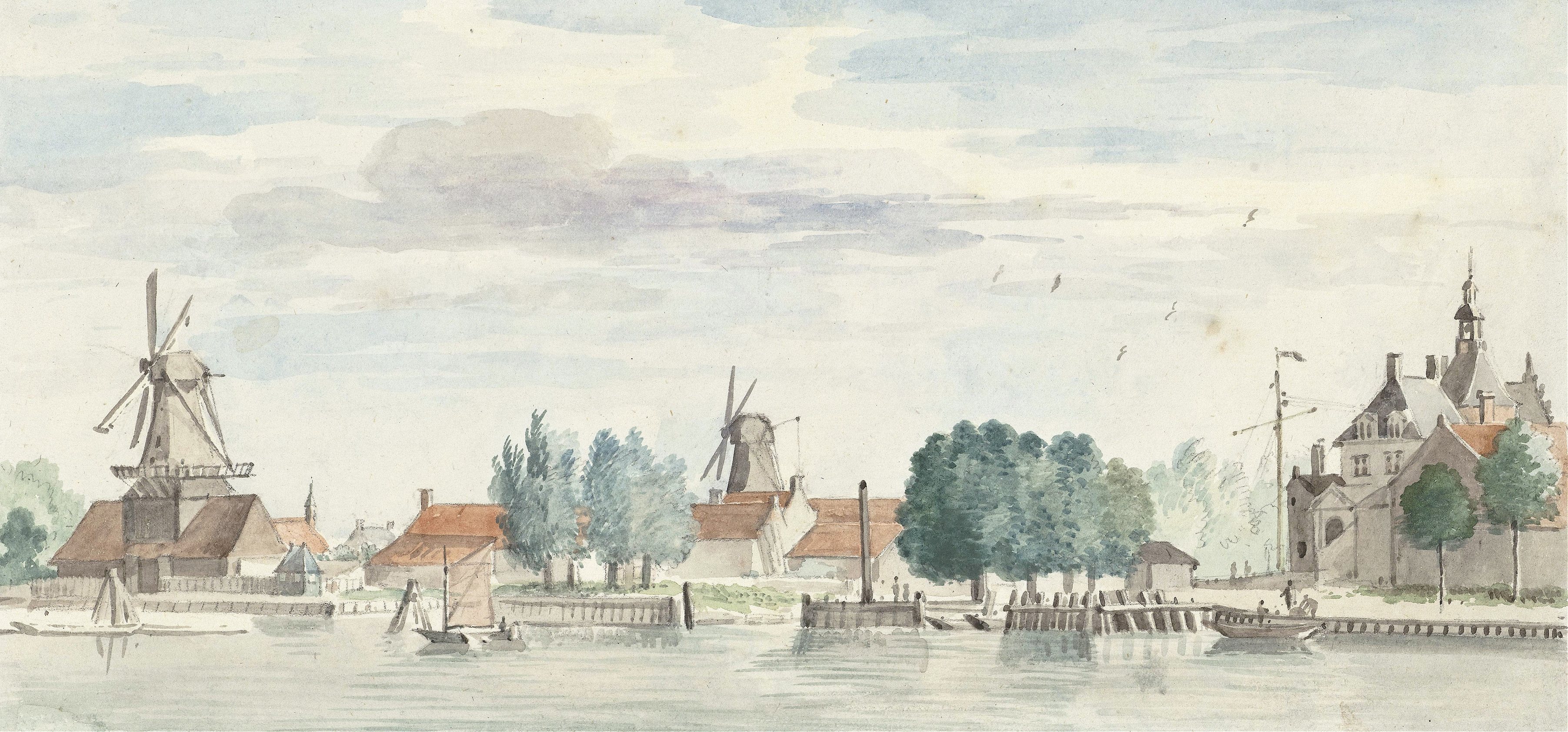 Landscape of Dordrecht with windmills and a pastel sky by Aert Schouman, oil painting.