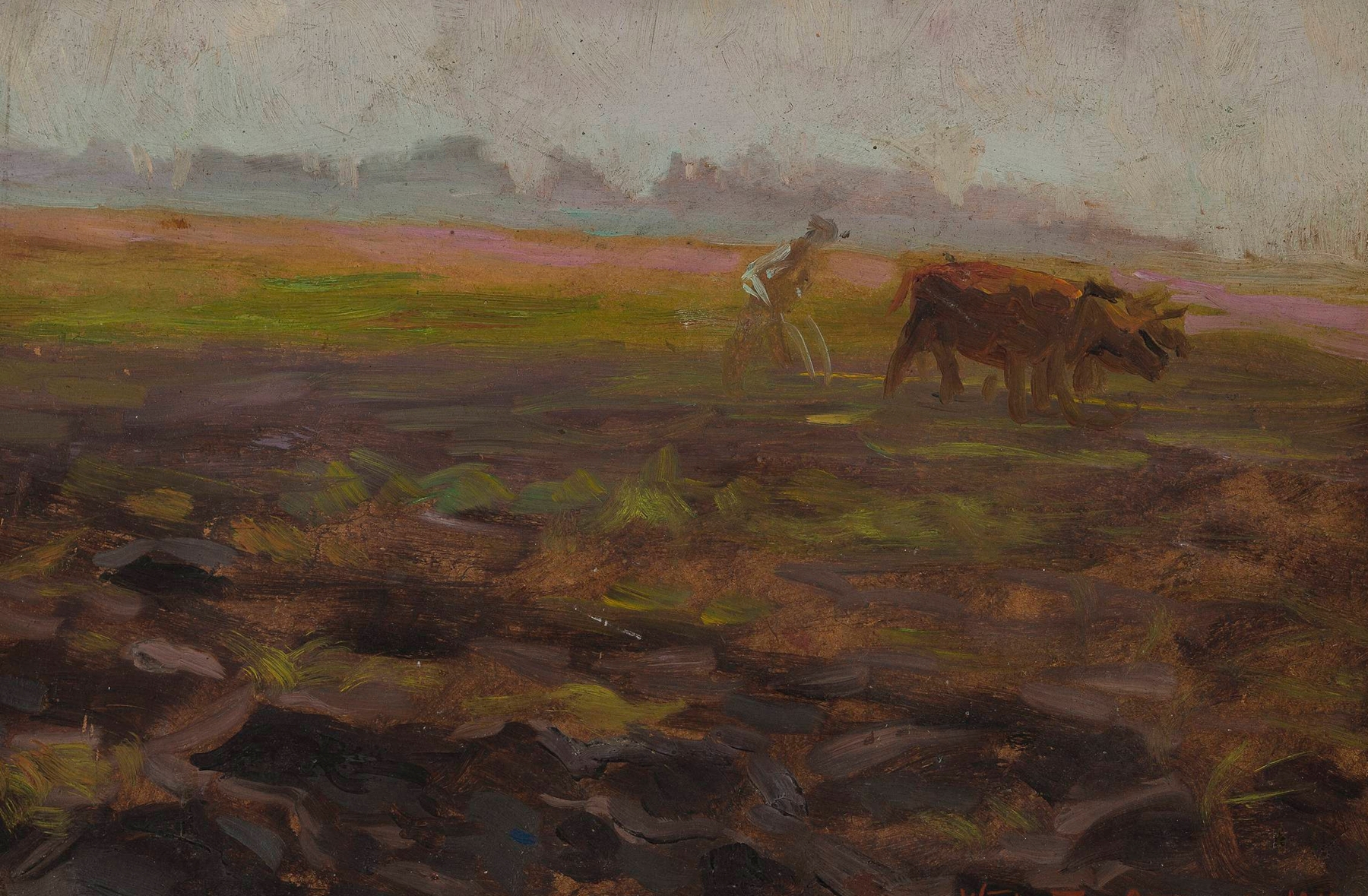 Oil on canvas by Władysław Ostrowski depicting oxen ploughing a field.