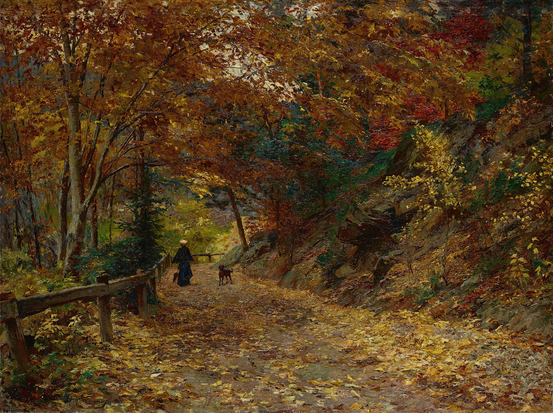 Fallendes Laub, oil on canvas by Olga Wisinger-Florian, depicting autumn leaves in vibrant colors.