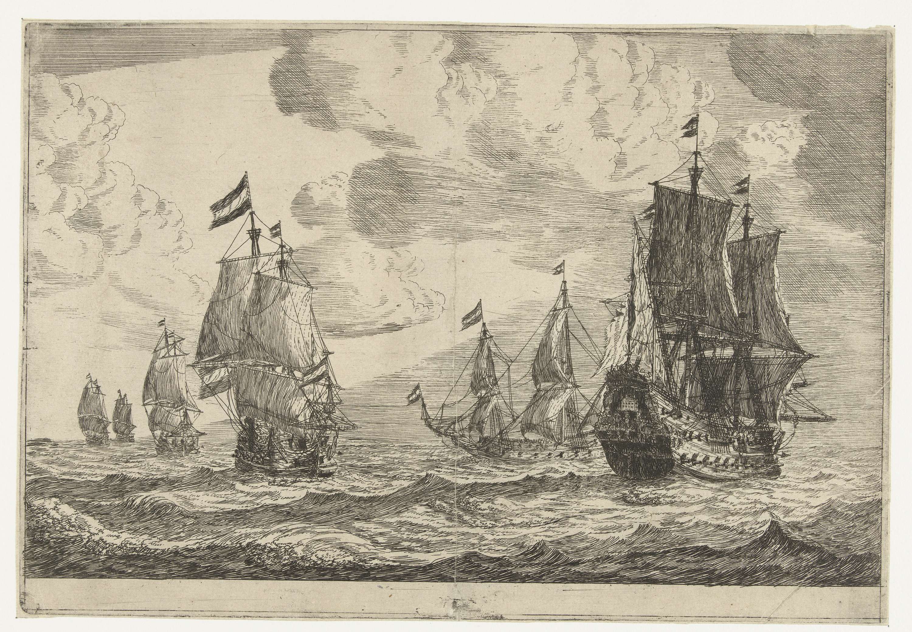 Etching by Reinier Nooms depicting sailing ships on the ocean under an indigo sky