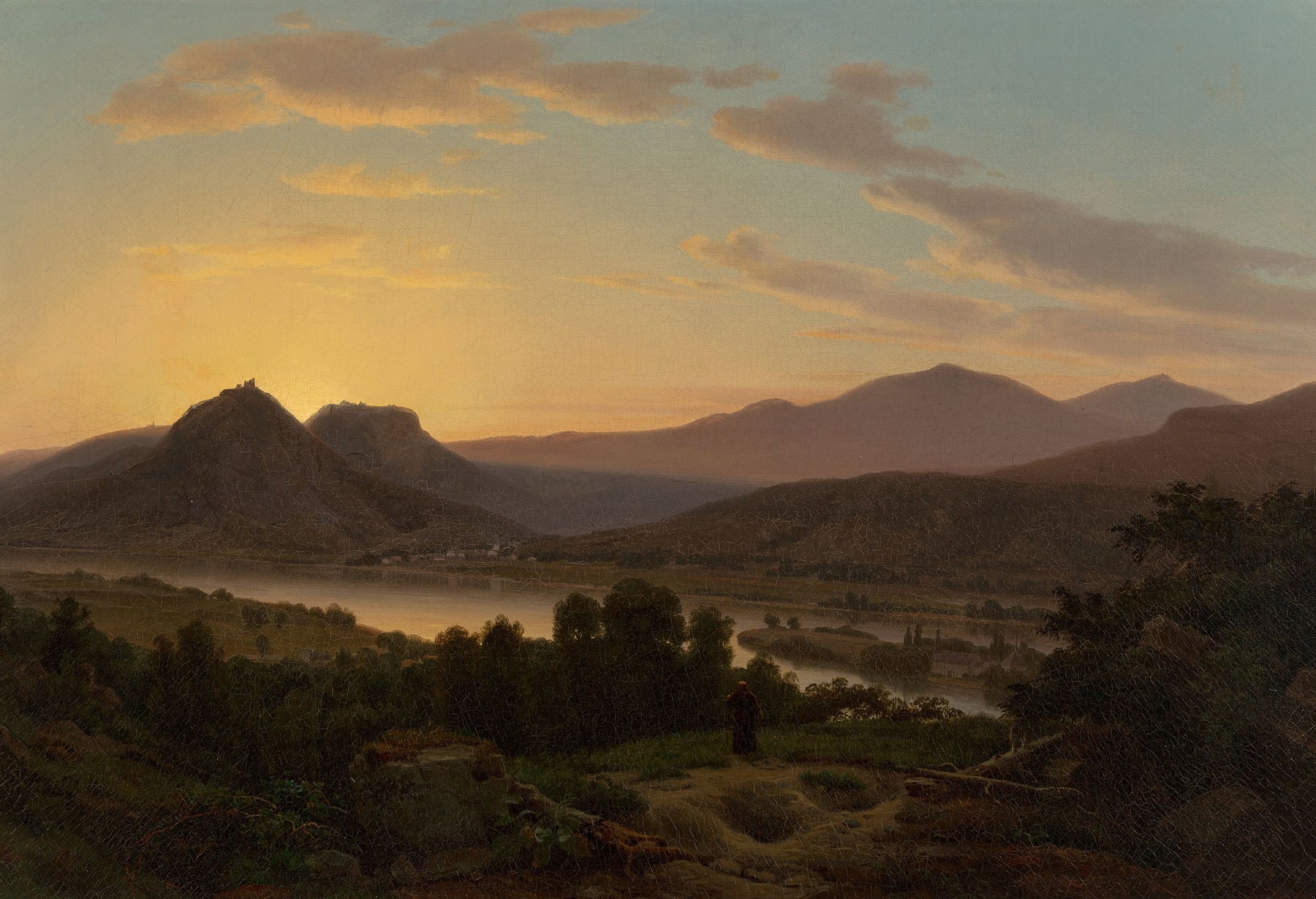 Sunrise, View of Drachenfels from Rolandseck, by Worthington Whittredge, public domain