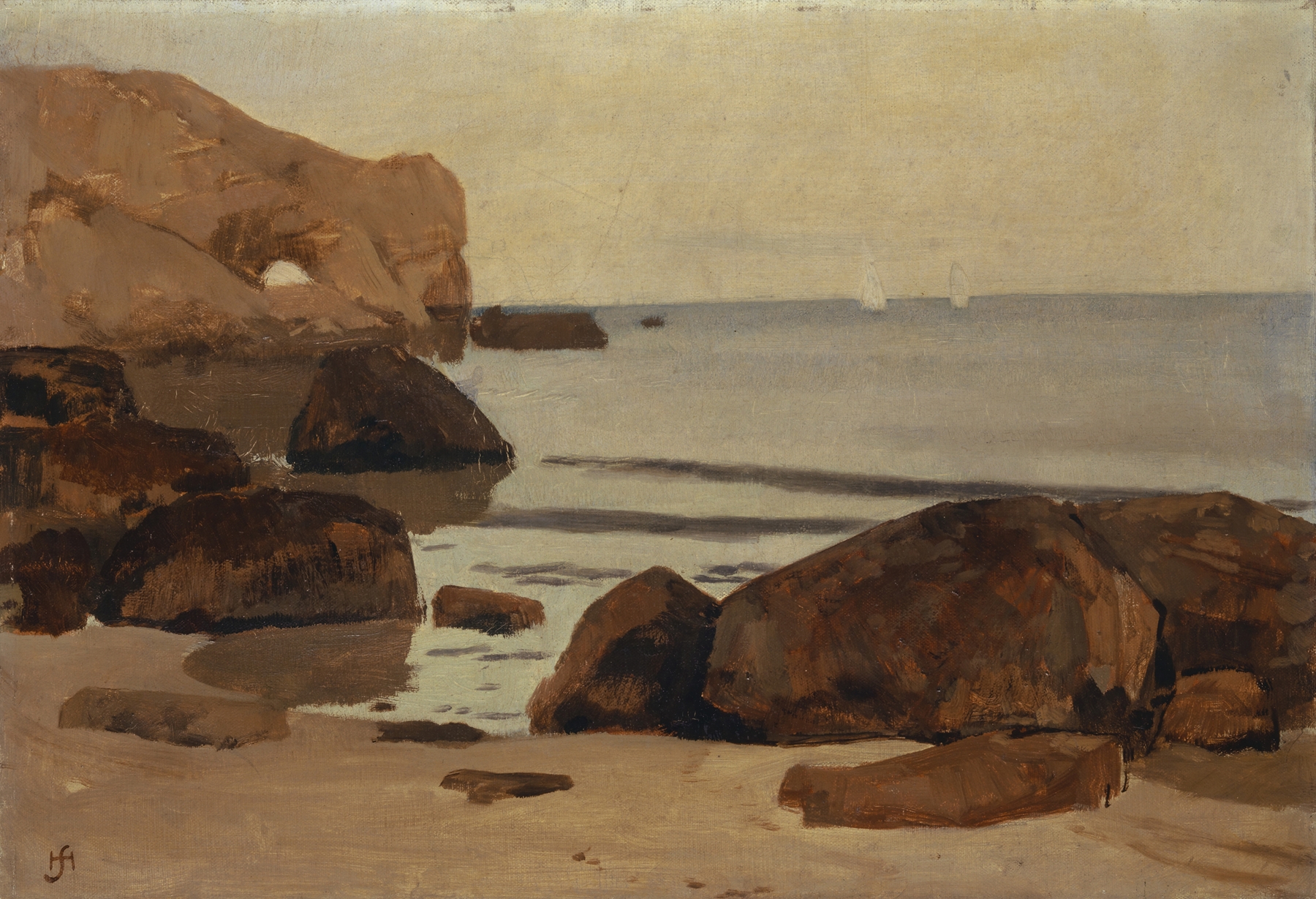 Seashore by Hans Sandreuter, oil painting depicting gentle waves and a tranquil beach scene.