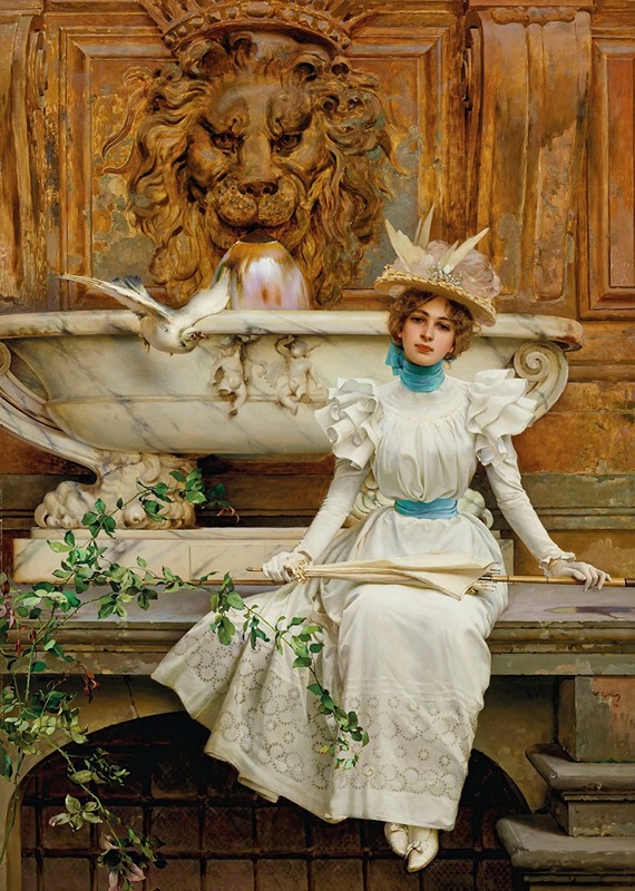 A charming scene of two doves near a fountain, capturing a moment of tranquility.