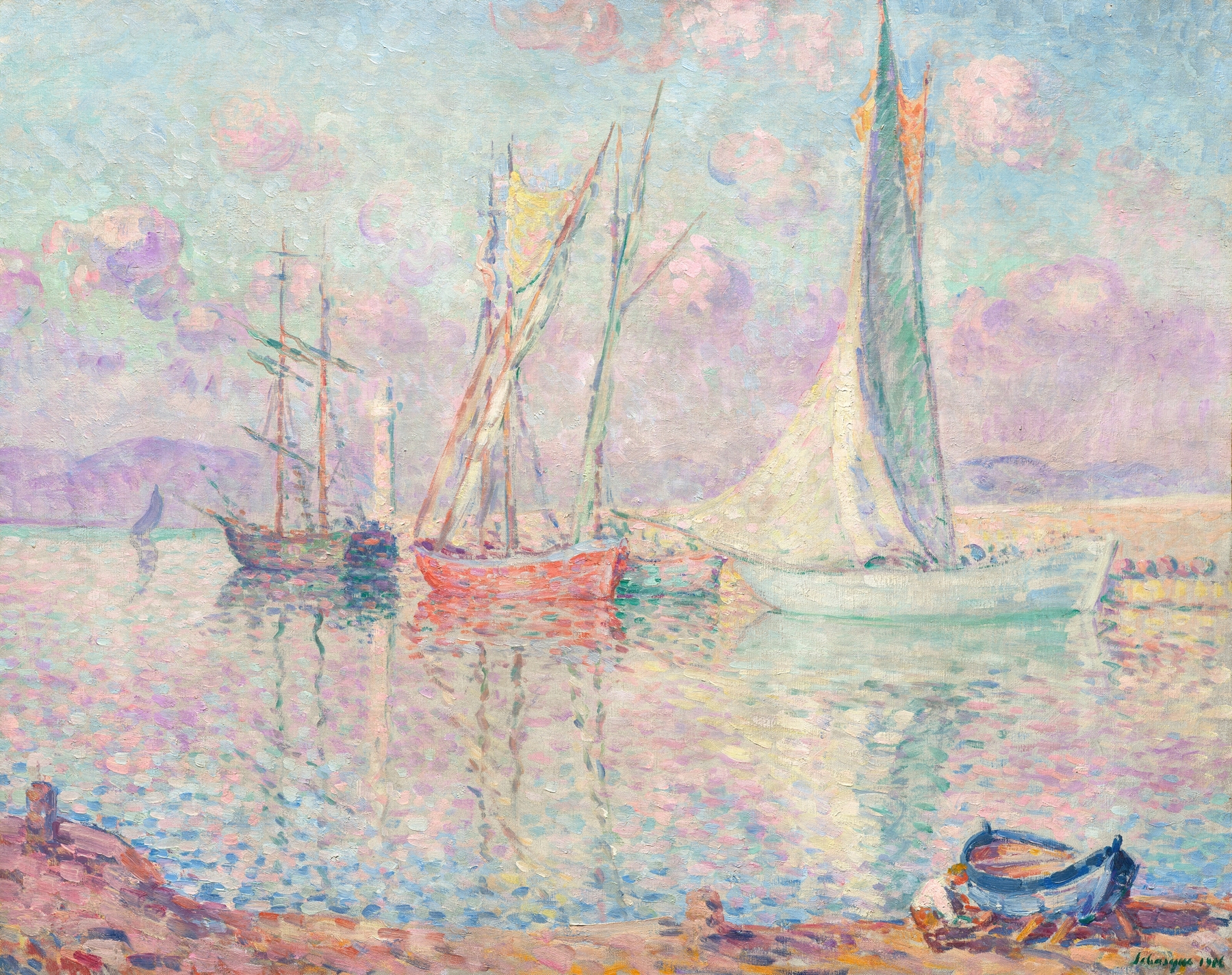 Marine scene with sailboats in harbor, oil painting by Henri Lebasque