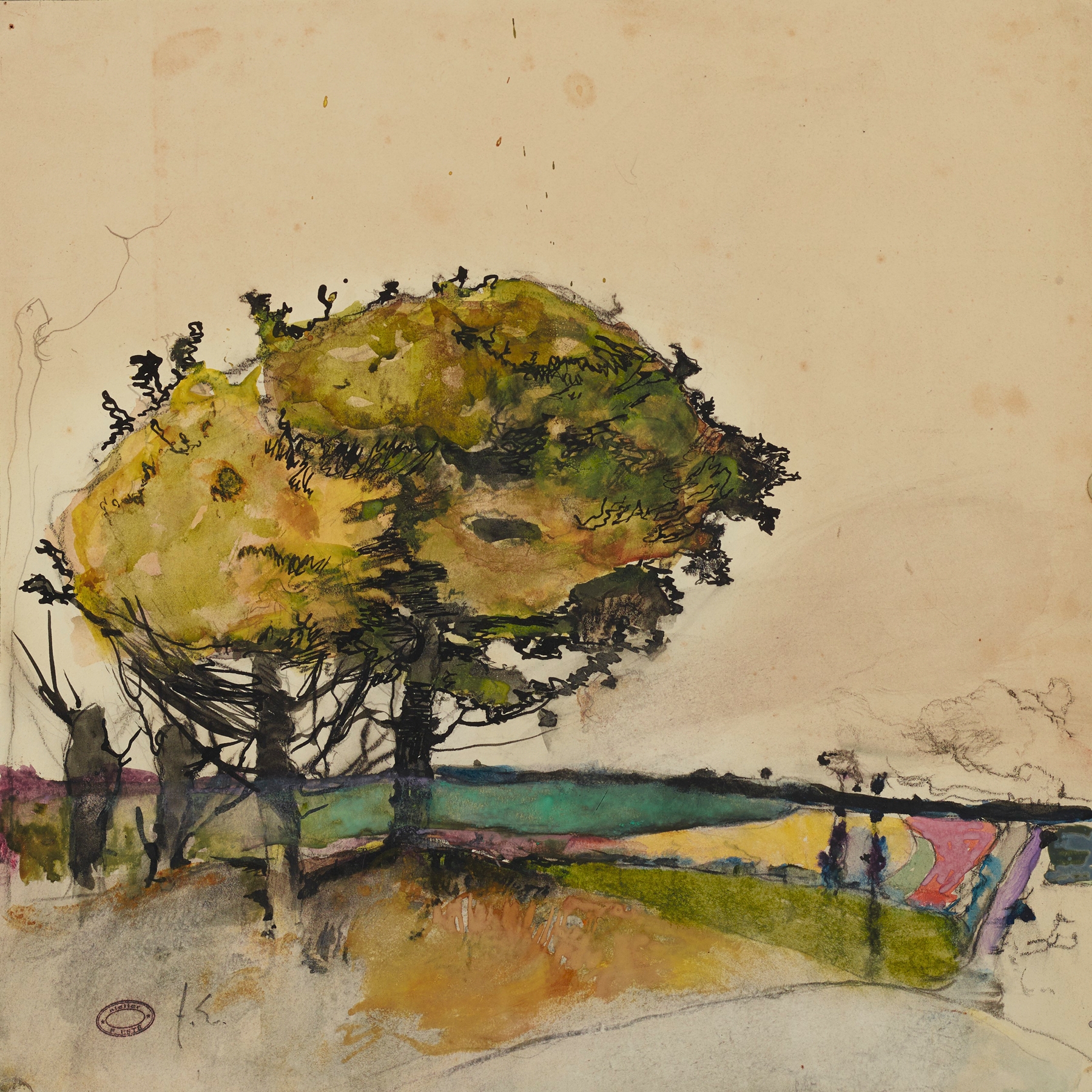 Landscape with trees in fields, oil painting by Florence Esté
