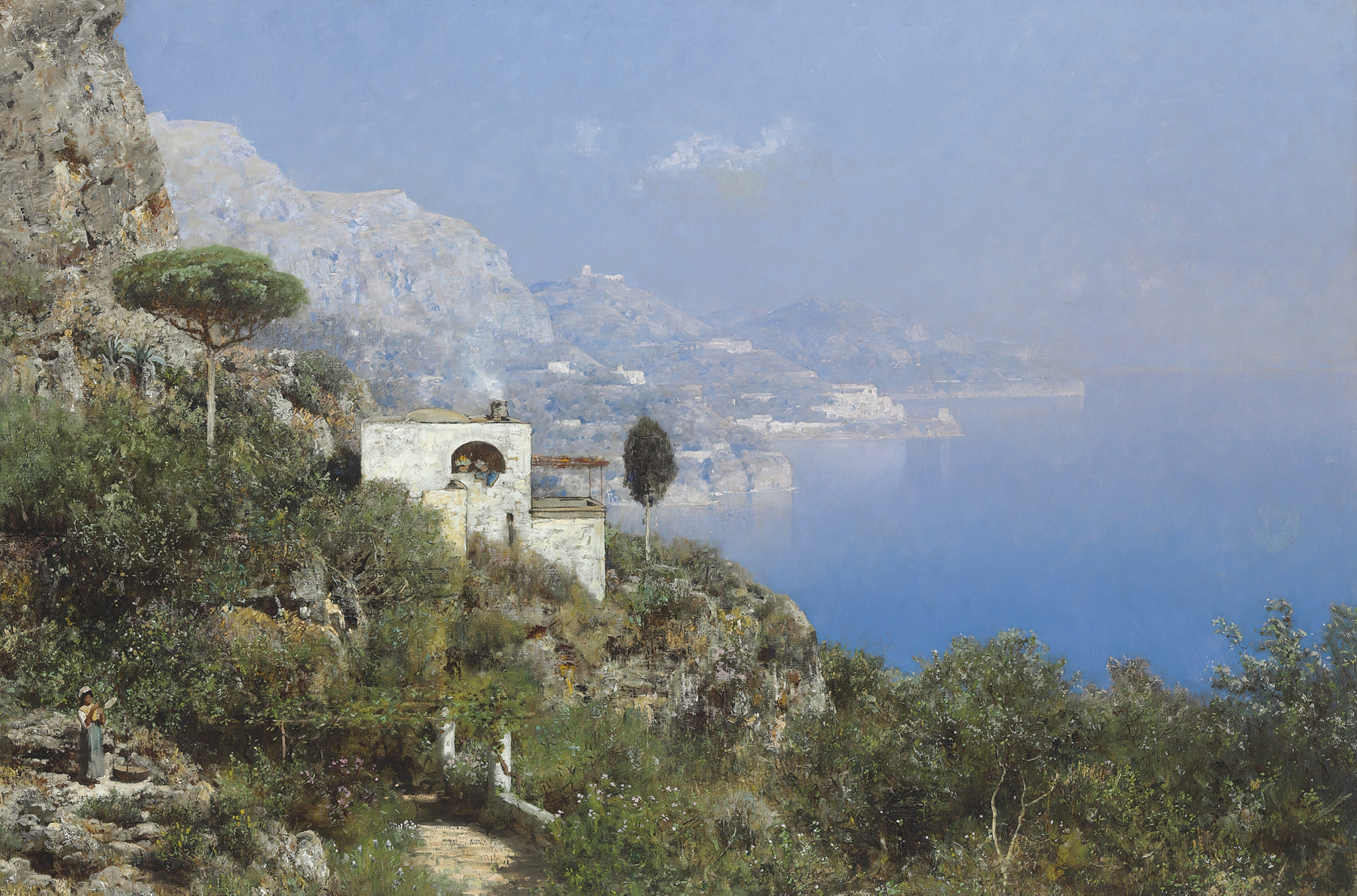 A View of Capri, oil on canvas by Edmund Berninger, depicting azure waters and sunlit buildings.