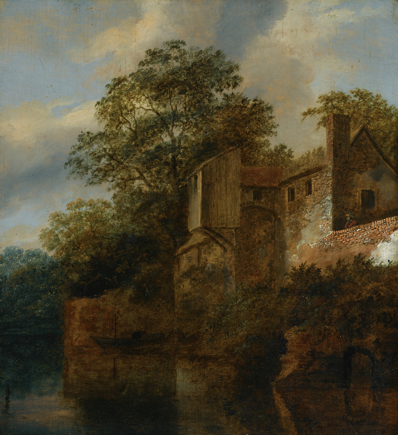 A figure stands by a stone house along a river, oil painting by Cornelis Gerritsz Decker
