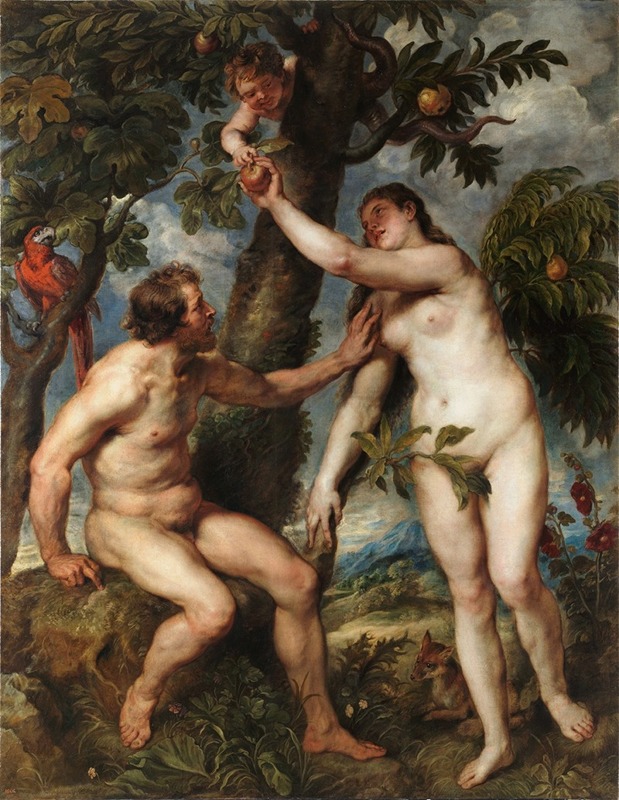 This painting depicts the biblical figures Adam and Eve in a lush garden.