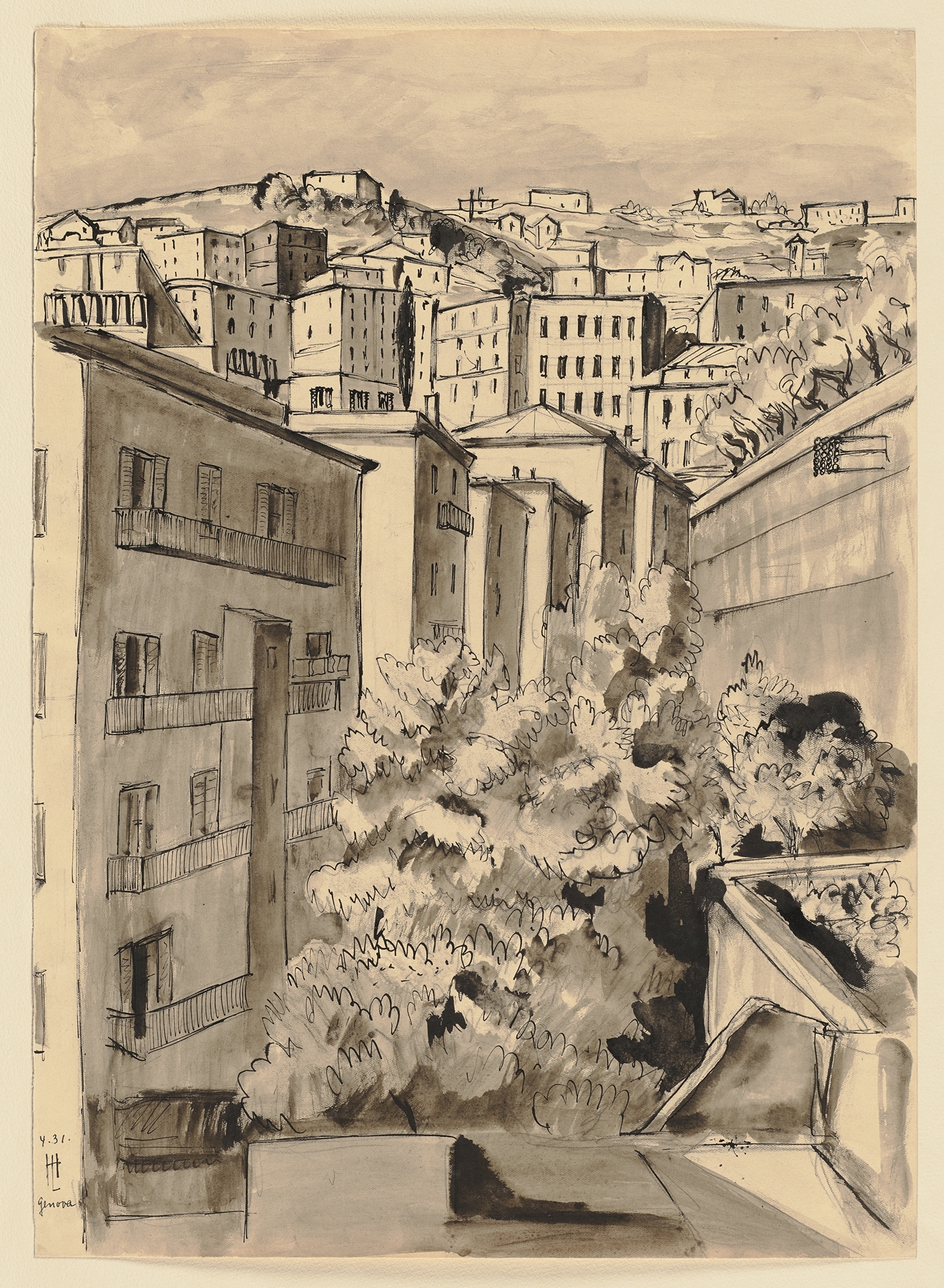 View of Genoa by Hermann Lismann, oil on canvas depicting coastal hills and a city.