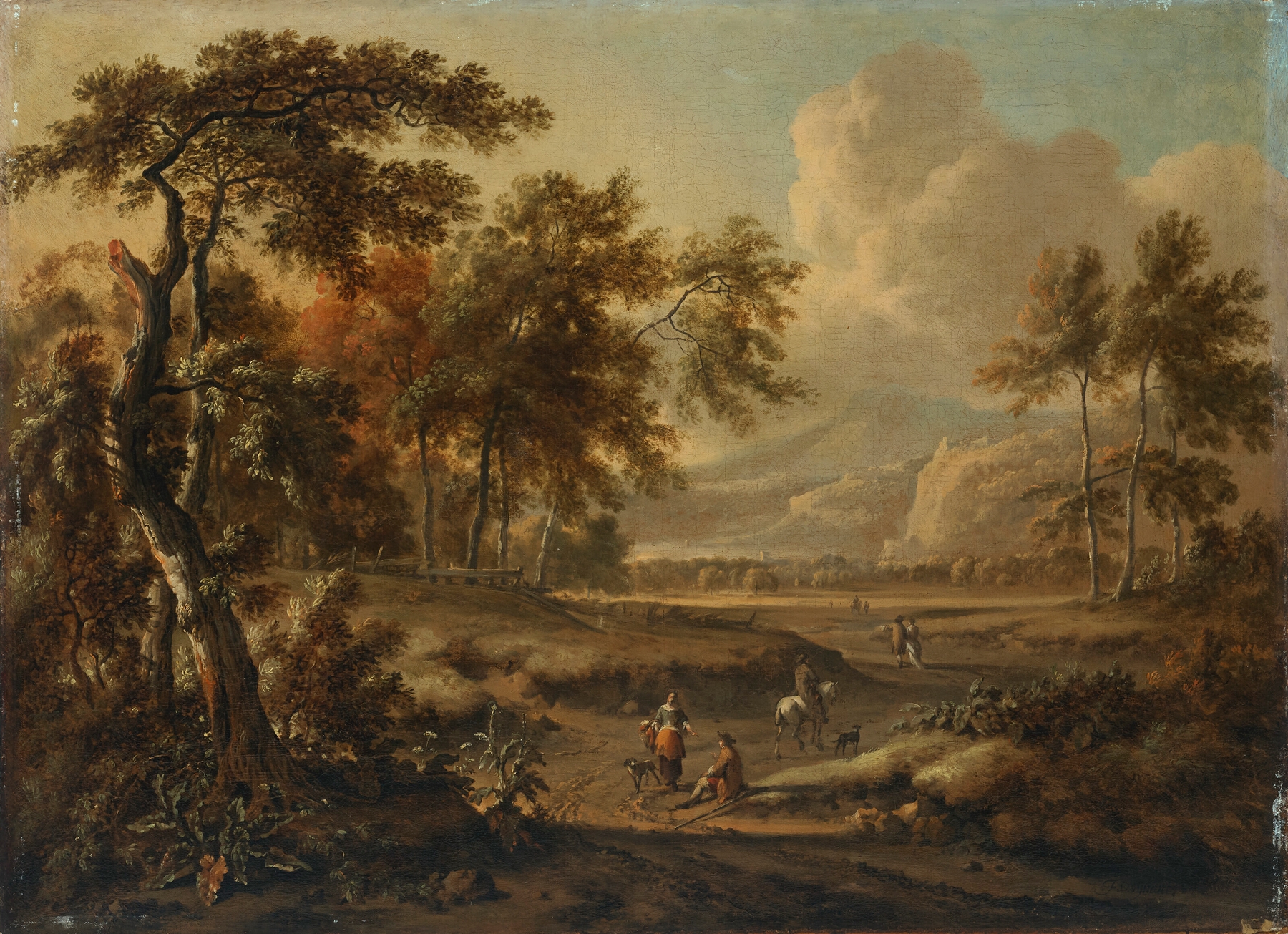An extensive landscape with figures on a path in the foreground, by Jan Wijnants, public domain