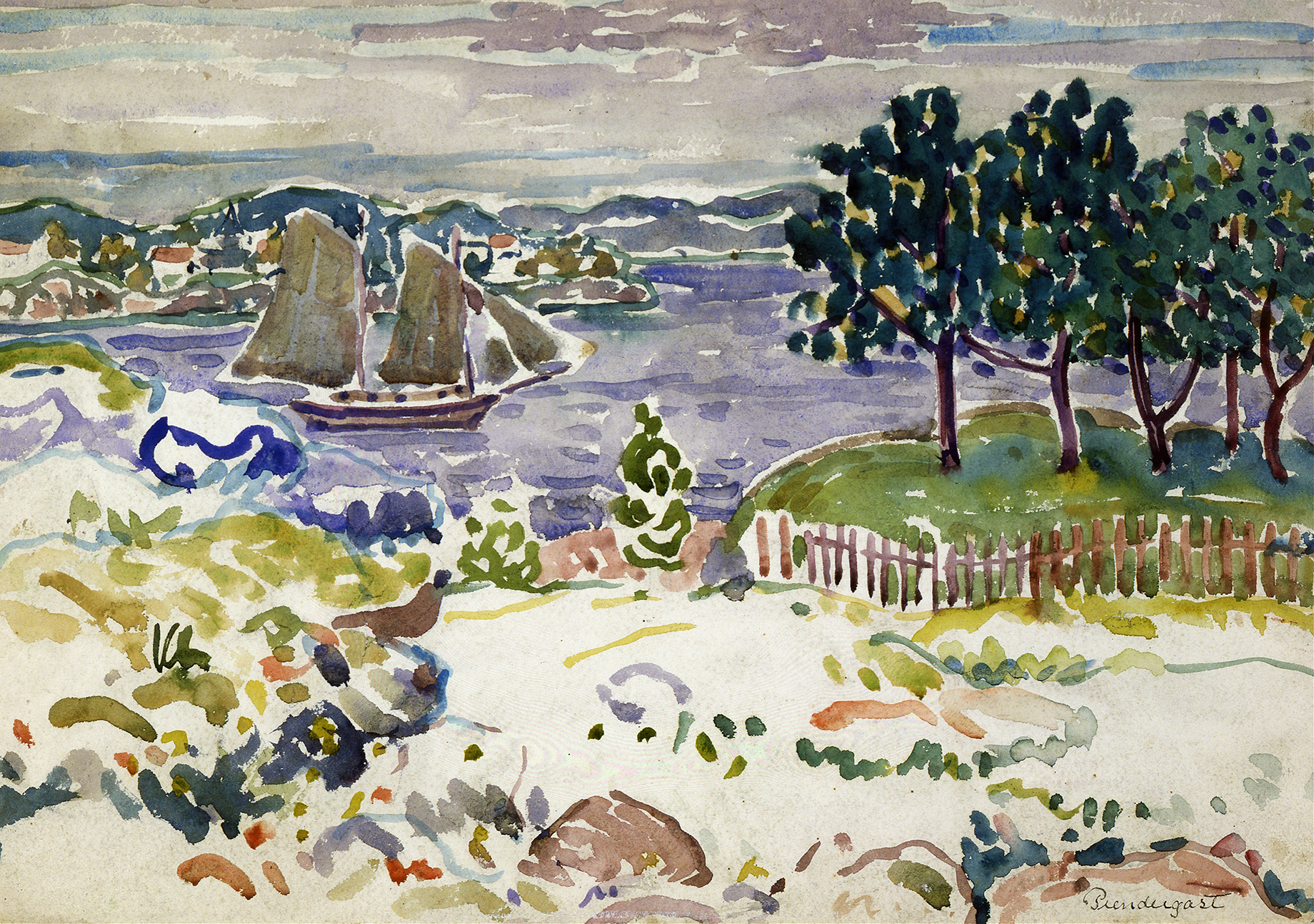 Inlet with Sailboat, Maine, by Maurice Prendergast, public domain