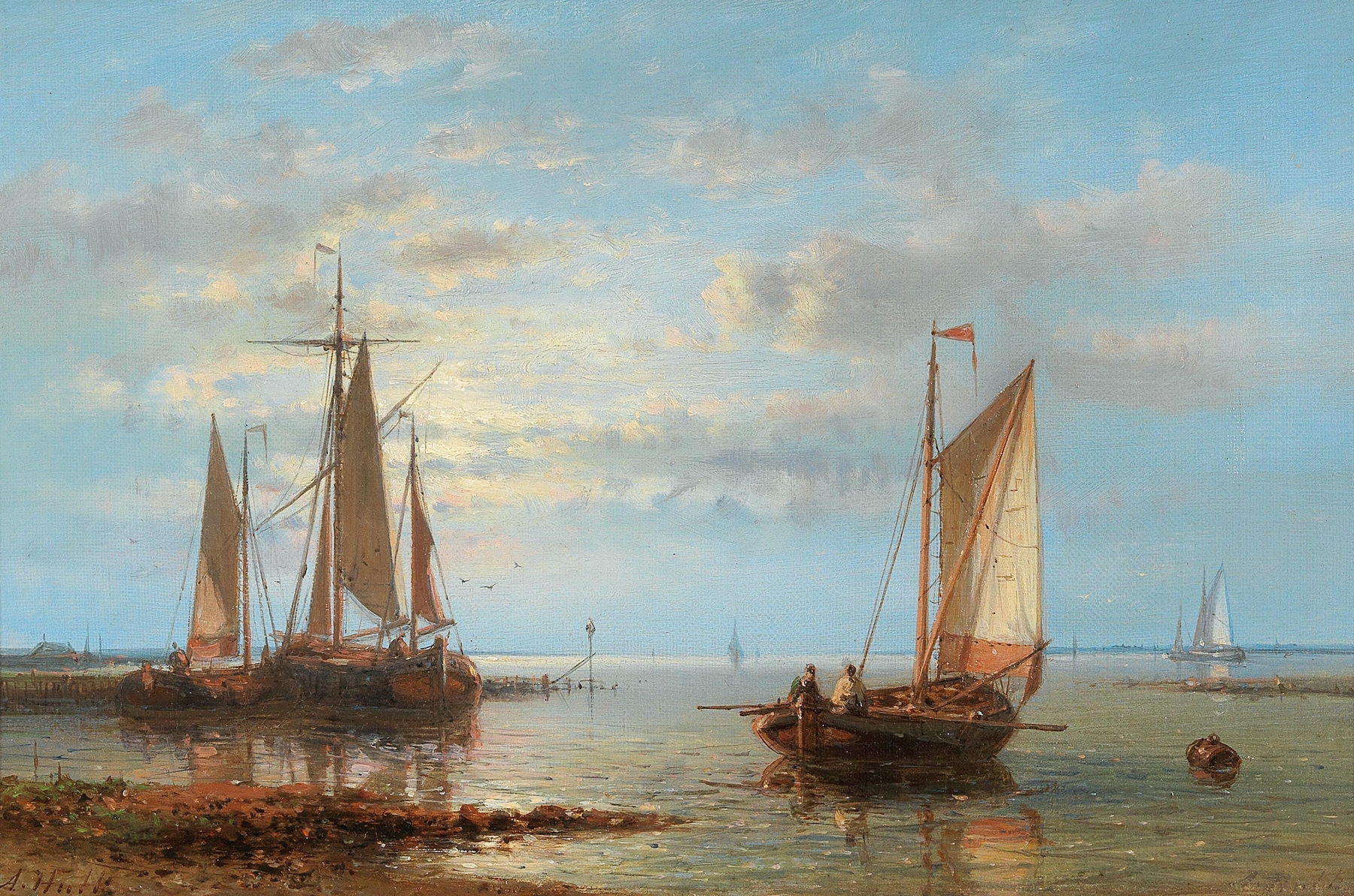 Sailing Boats on Rough Seas, oil on canvas by Abraham Hulk, depicting turbulent waters and dark clouds.