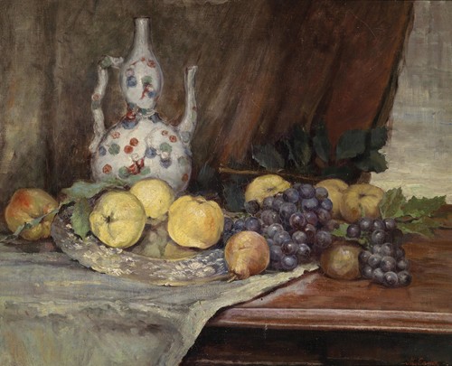 A still life painting featuring fruits and a kettle by Marie Egner.