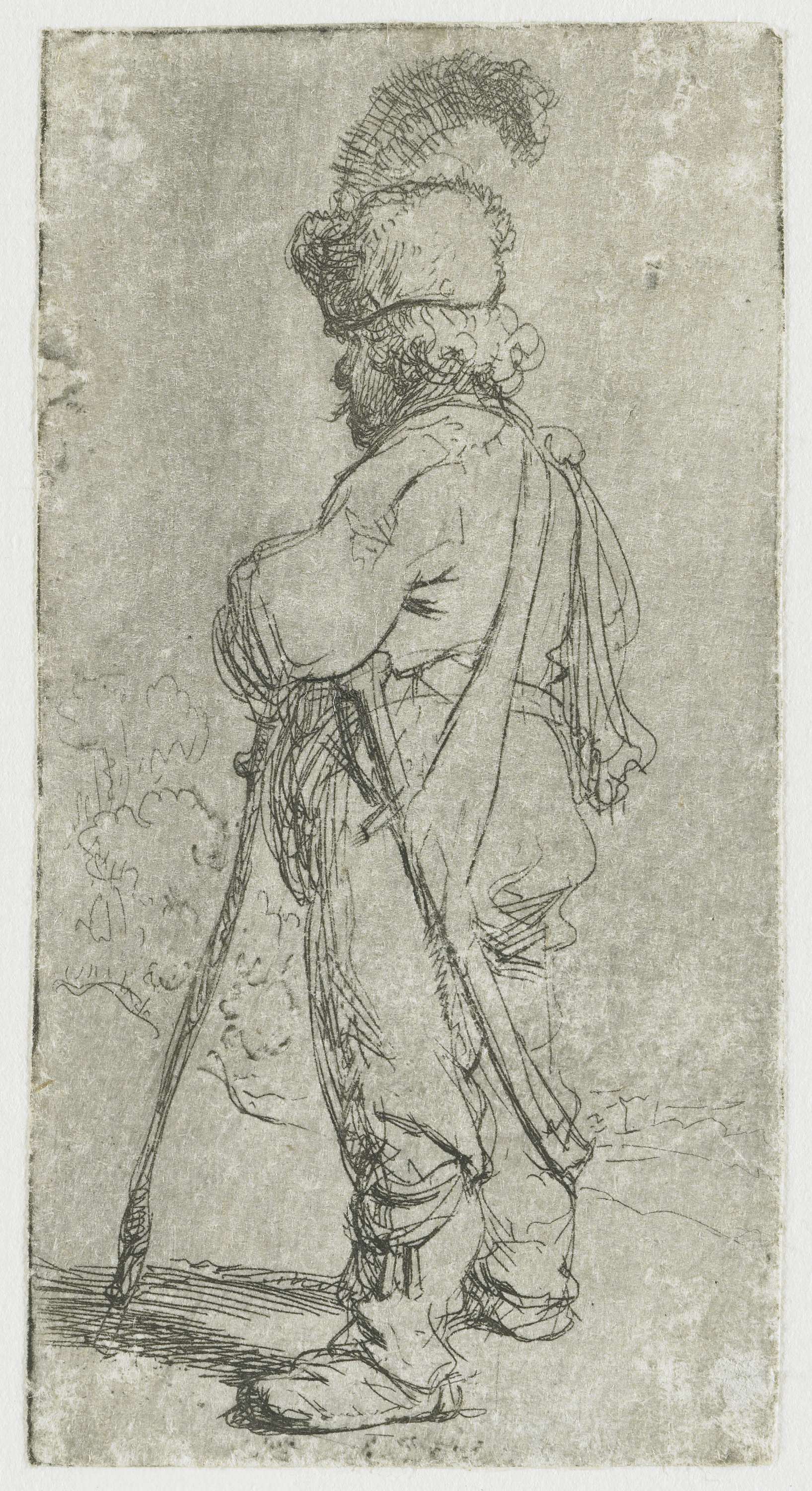 Etching by Rembrandt van Rijn of a man leaning on a stick.