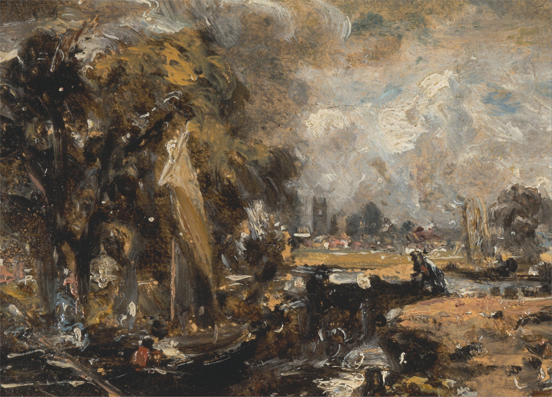 Dedham Lock by John Constable, oil painting depicting a river lock with reflections.