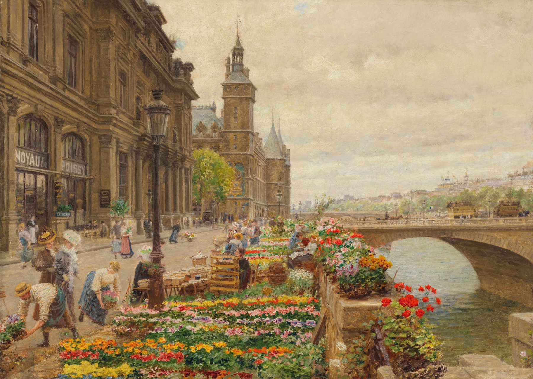 Oil on canvas by Marie-François Firmin-Girard depicting a vibrant urban landscape with flowers.