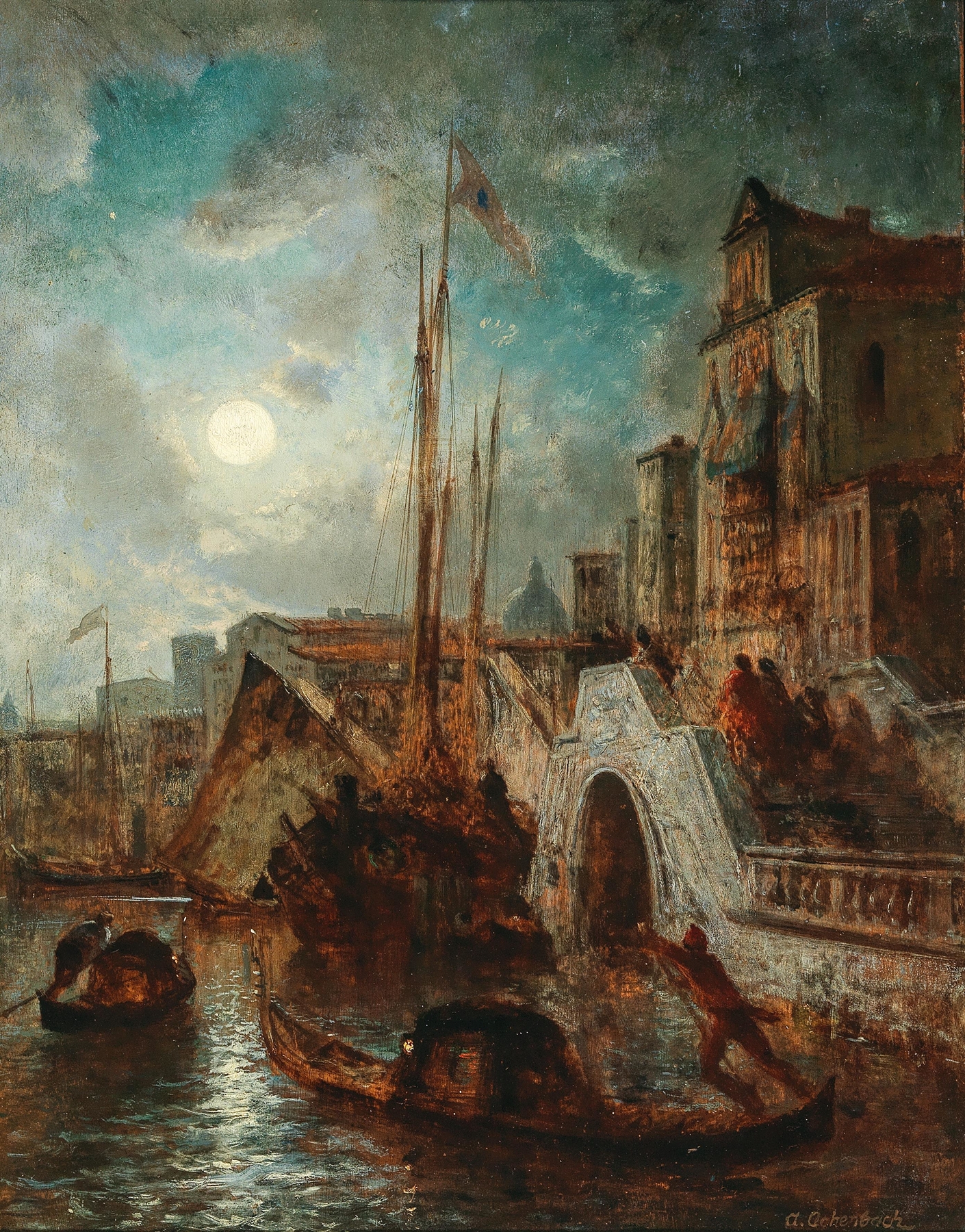Venice, A Canal in the Moonlight, with Santa Maria della Salute in the Background, by Andreas Achenbach, public domain