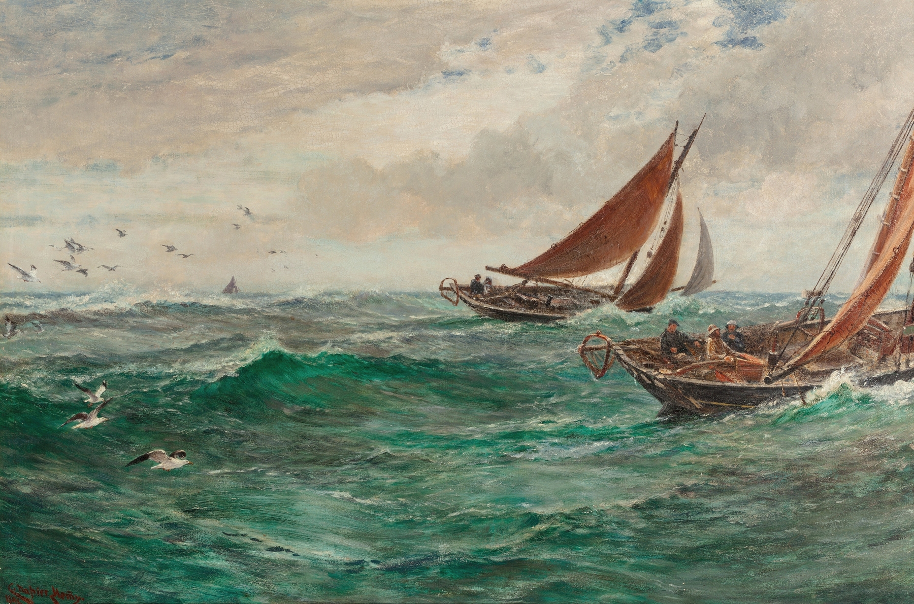 Marine scene with calm sea and distant trawlers by Charles Napier Hemy, oil painting