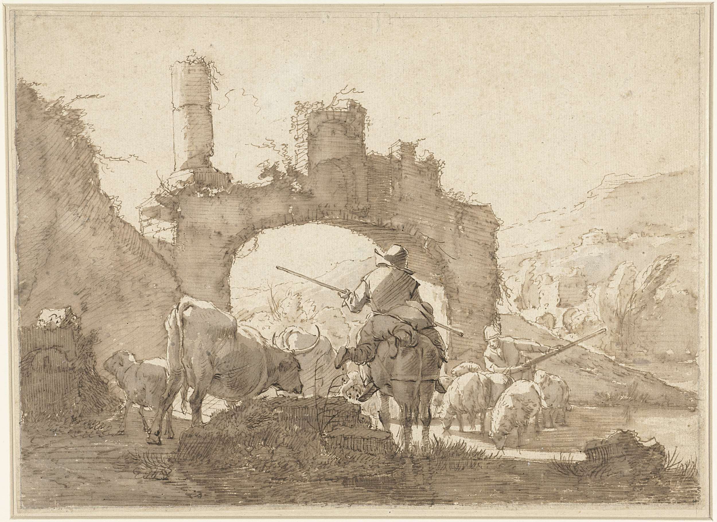 Genre scene of shepherds guiding their flock through a river, oil painting by Johann Heinrich Roos.