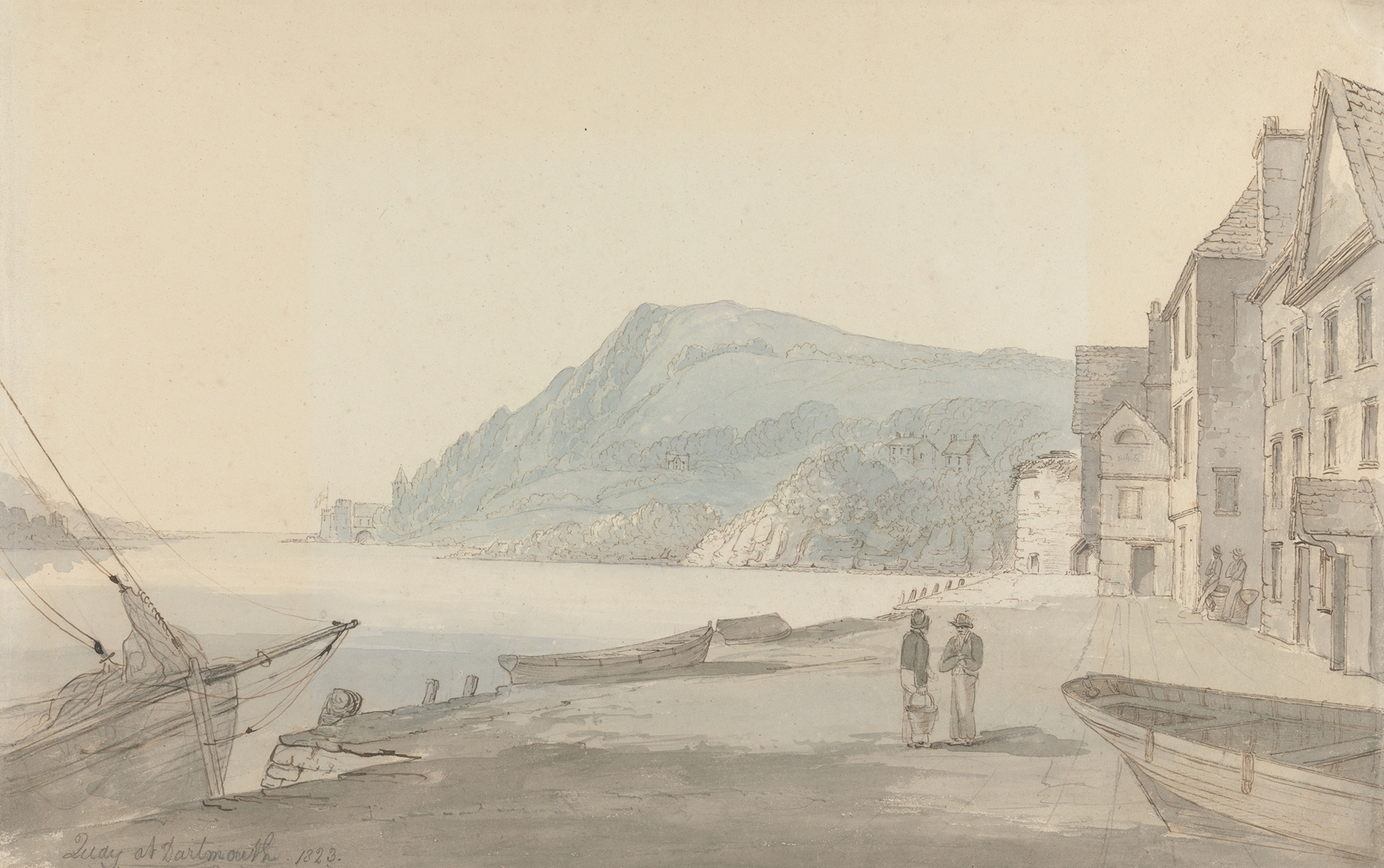 Quay at Dartmouth by John Baverstock Knight, oil on canvas, depicting boats in a calm harbor at twilight