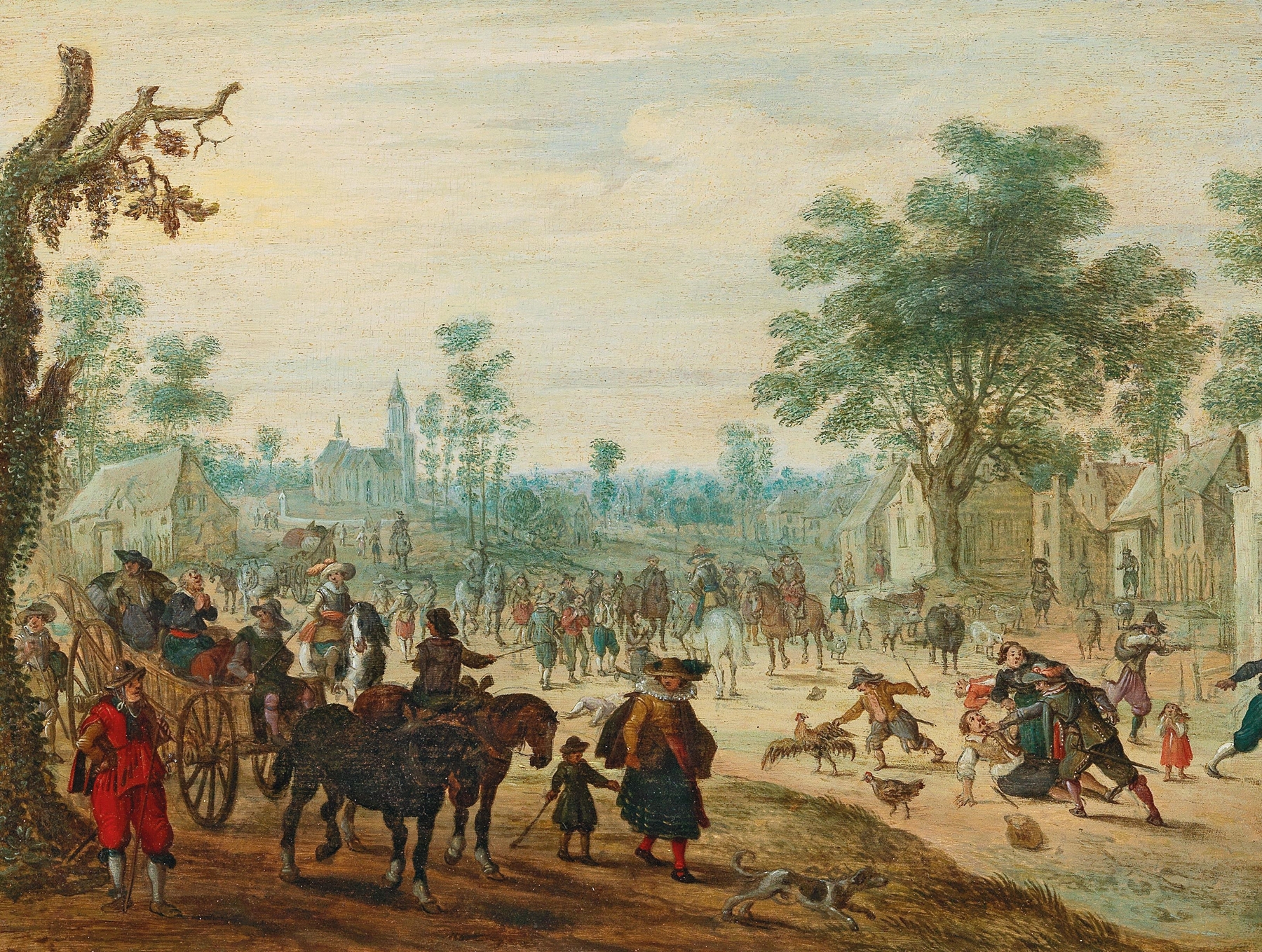 Genre scene depicting a village with numerous figures on a road, oil painting by Sebastian Vrancx