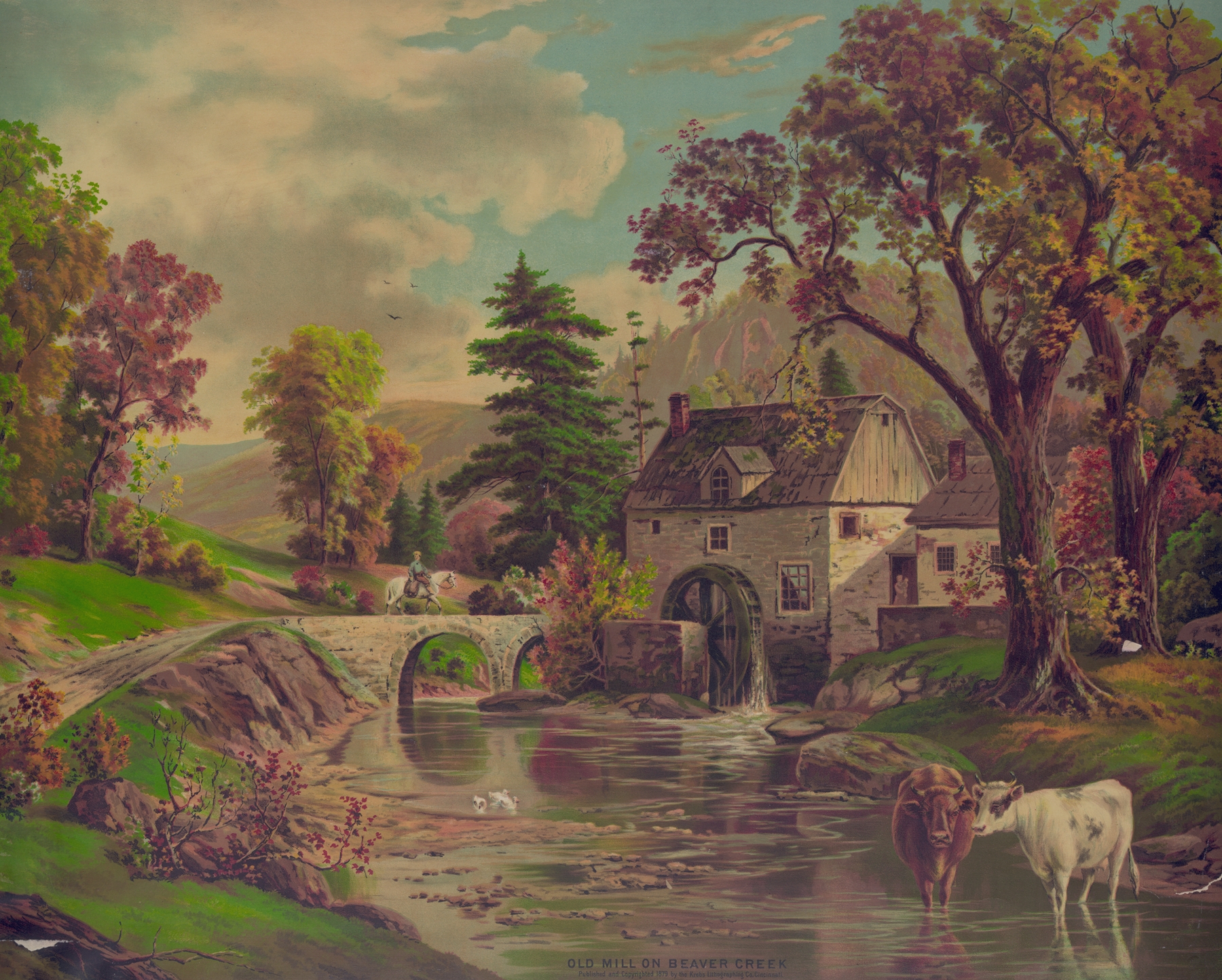 Old mill on Beaver Creek by Krebs Lith. Co, lithograph depicting a serene landscape