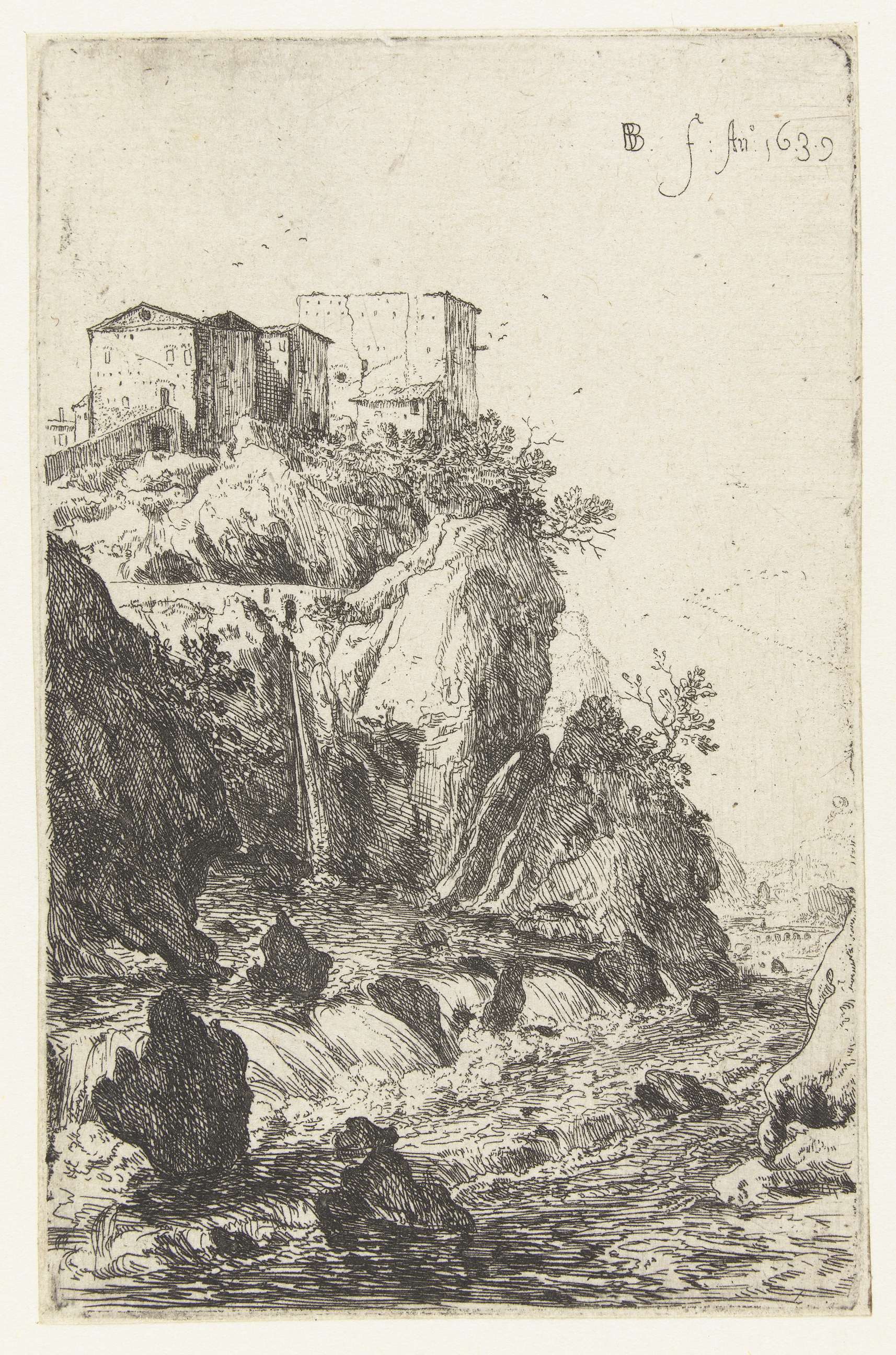Waterfall scene by Bartholomeus Breenbergh, etching, featuring a river and bridge.