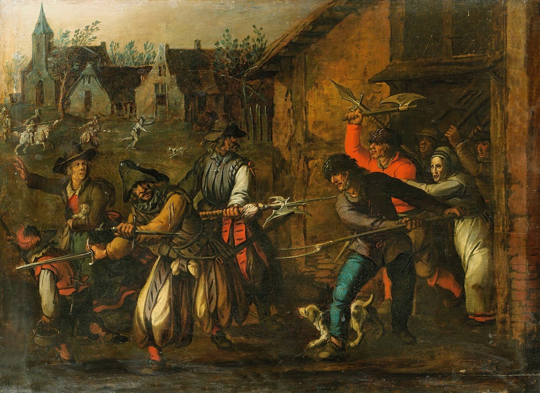 A historical painting depicting a pillage scene by Sebastian Vrancx.