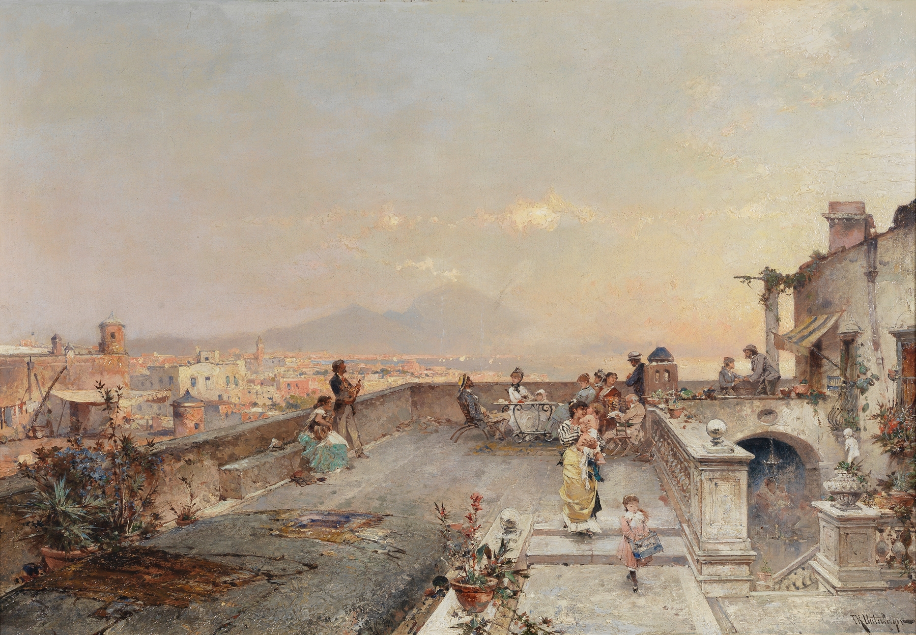 Evening festivities, Bay of Naples, Mount Vesuvius in the distance, by Franz Richard Unterberger, public domain