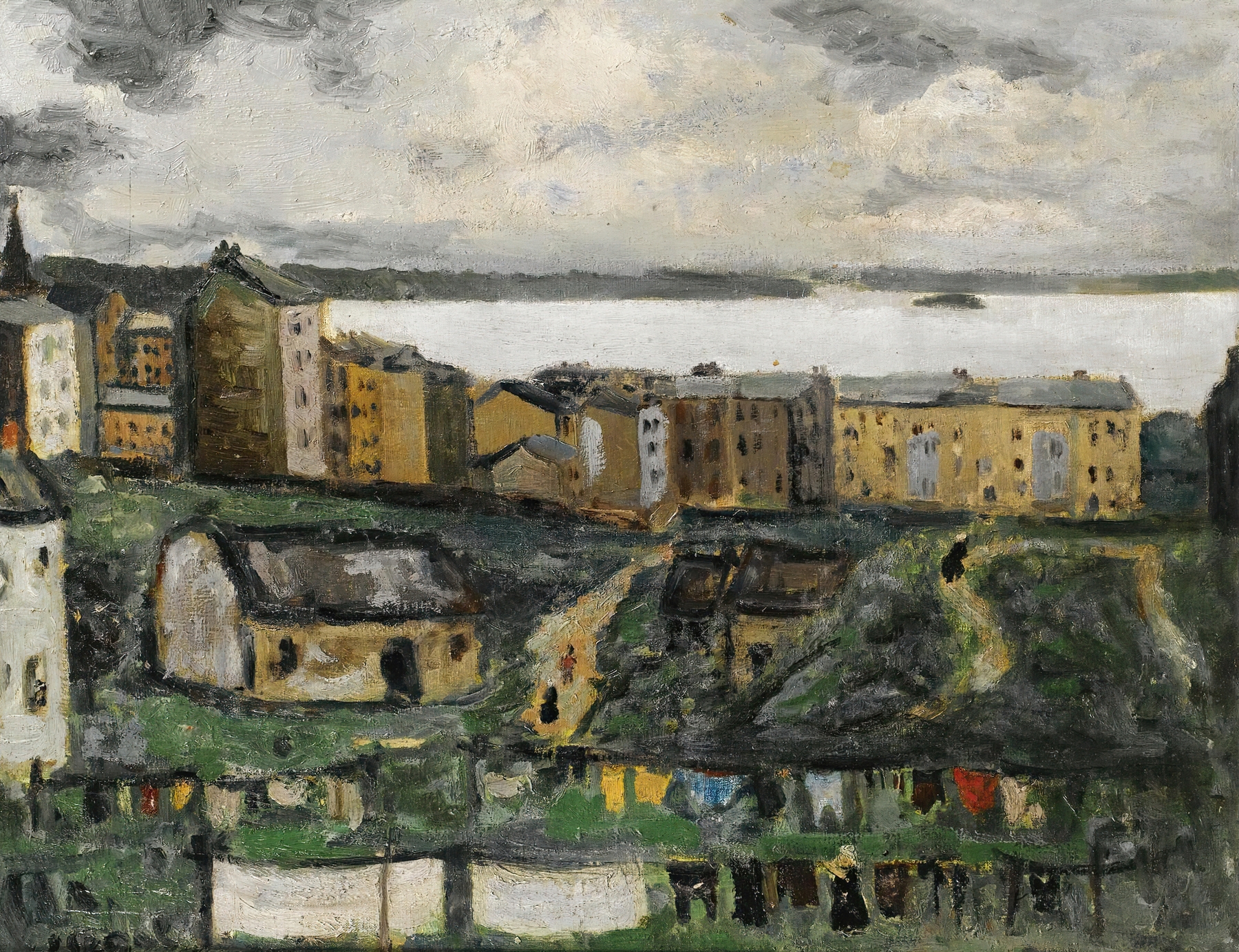 Village View by Arthur Segal, oil on canvas depicting a village with earth tones and a soft blue sky.