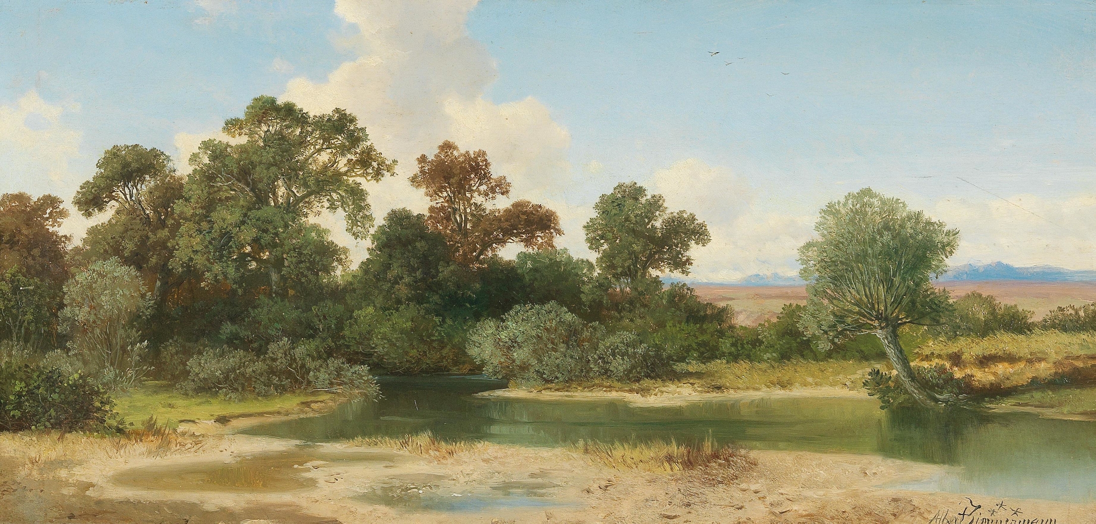 Landscape with stream and foothills by Albert Zimmermann, medium unknown