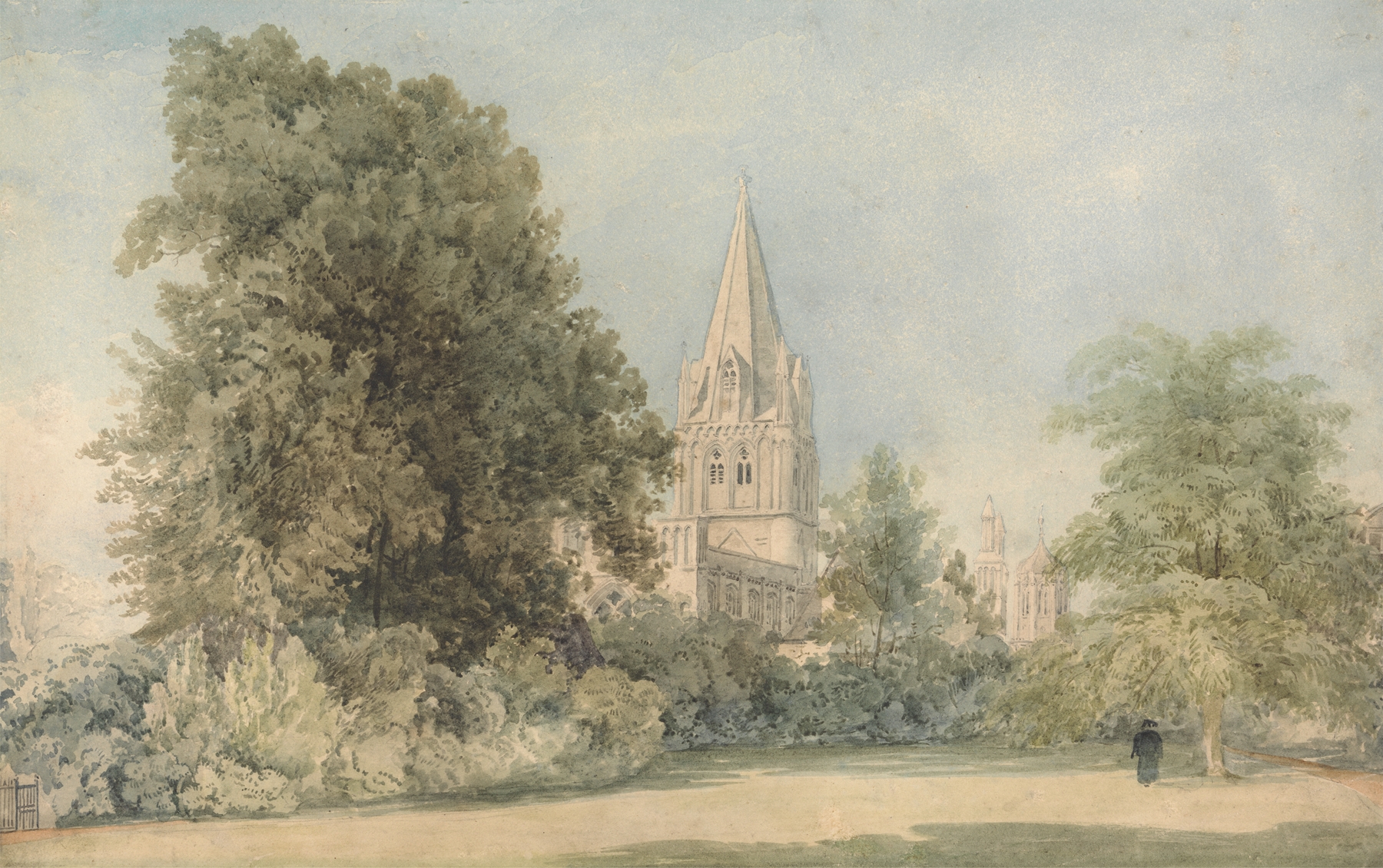 Watercolour by William Alfred Delamotte depicting Canon's Garden, Oxford with spires and shadows.
