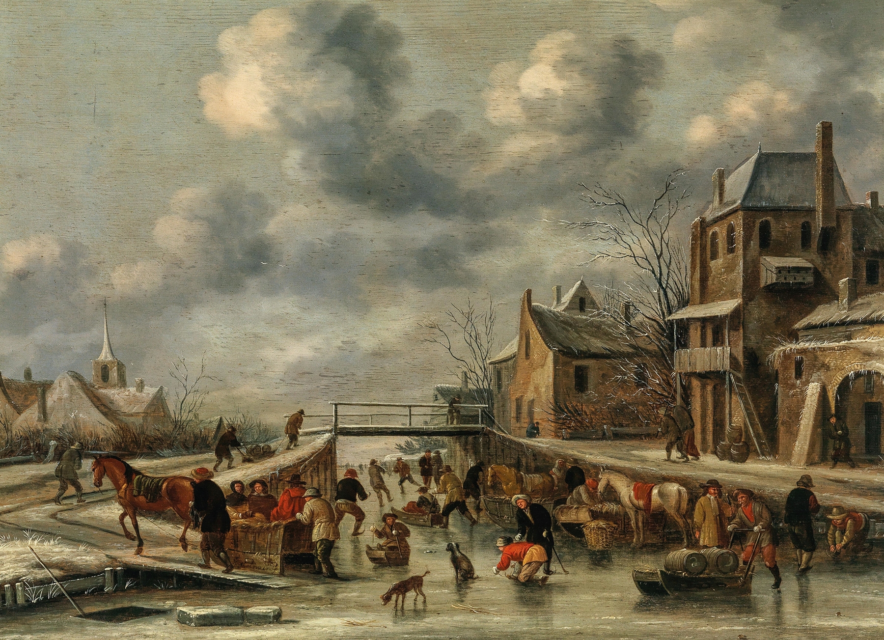 A winter landscape with skaters on a frozen river, oil on canvas by Nicolaes Molenaer