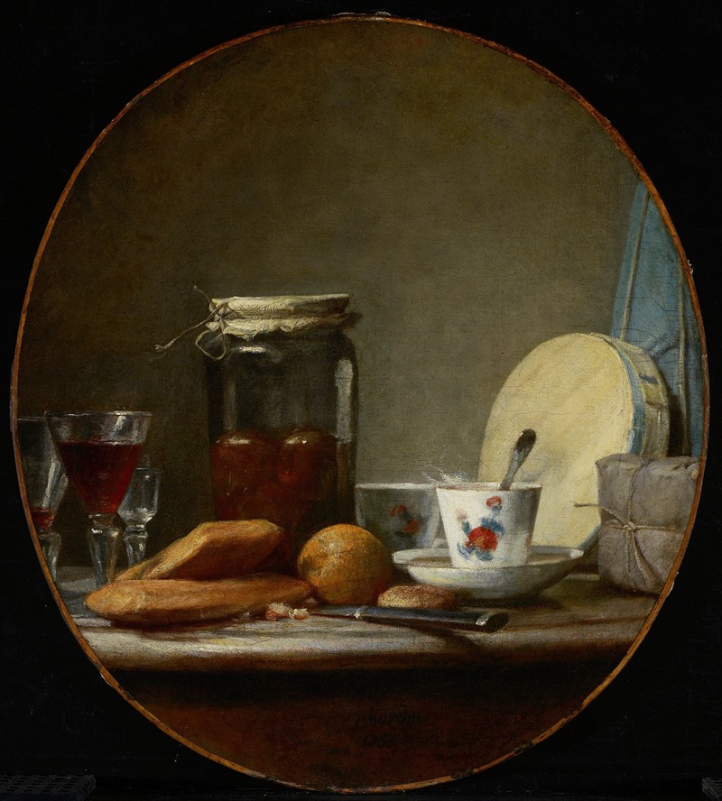 A still life painting featuring a jar of apricots by Jean Siméon Chardin.