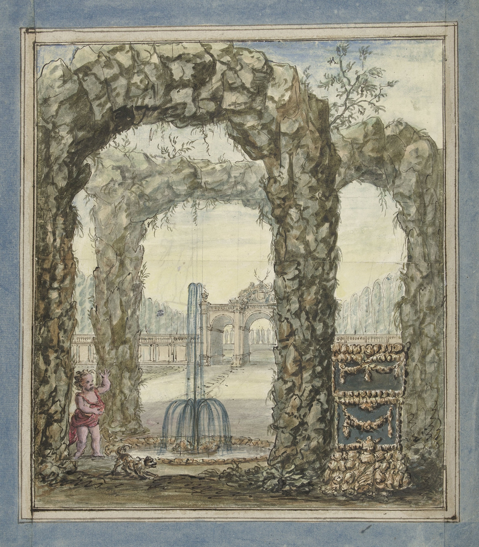 Ontwerp voor een kamerbeschildering met stenen bogen met een fontein en zicht op een tuin, by Elias van Nijmegen, public domain