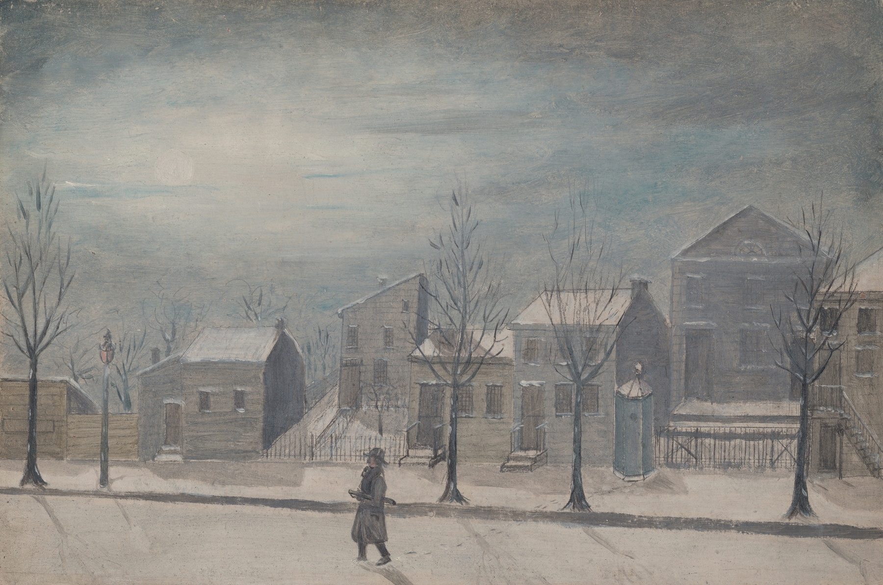 Figurative oil painting by William P. Chappel depicting a watchman in a city at dusk.