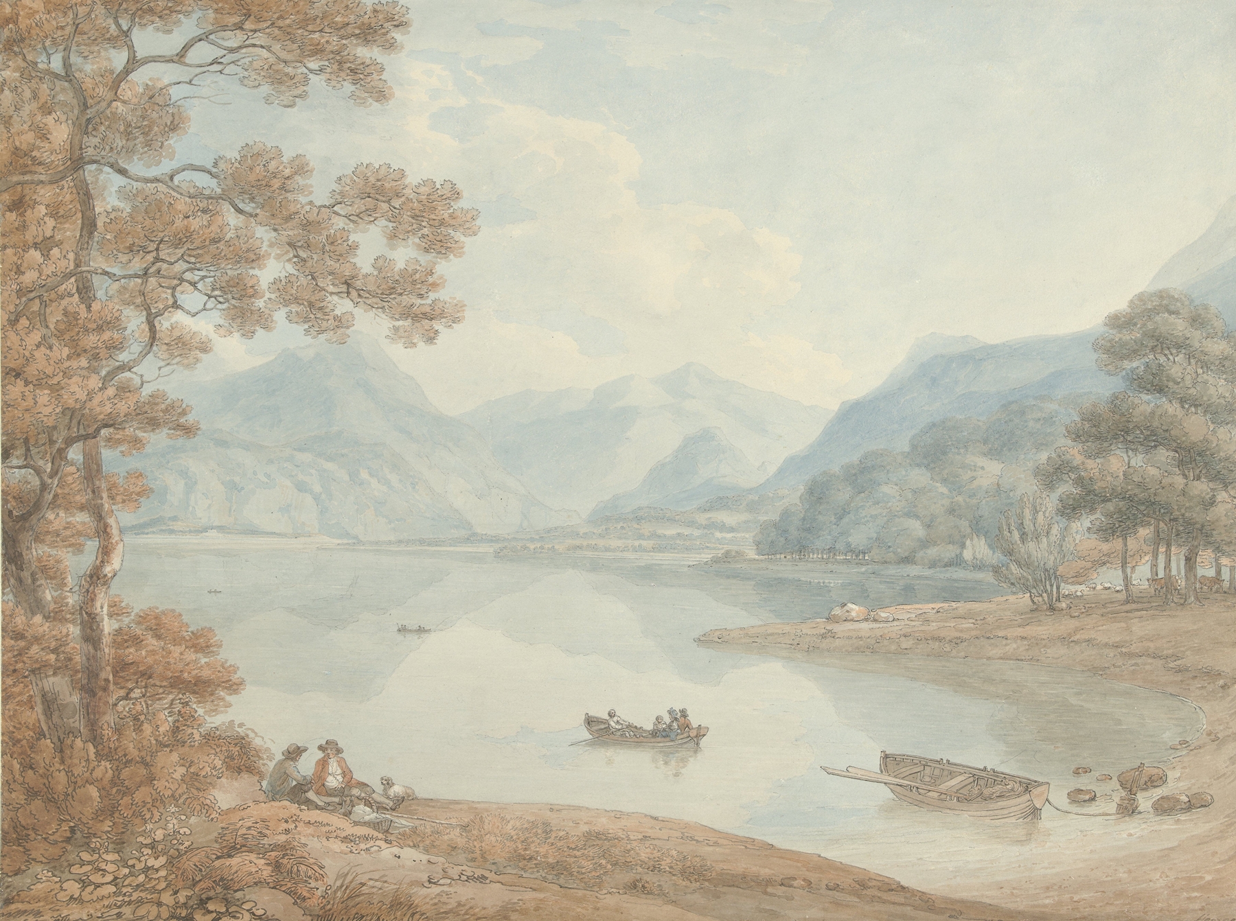 Watercolour by Thomas Hearne depicting Derwent Water, mountains, and clouds