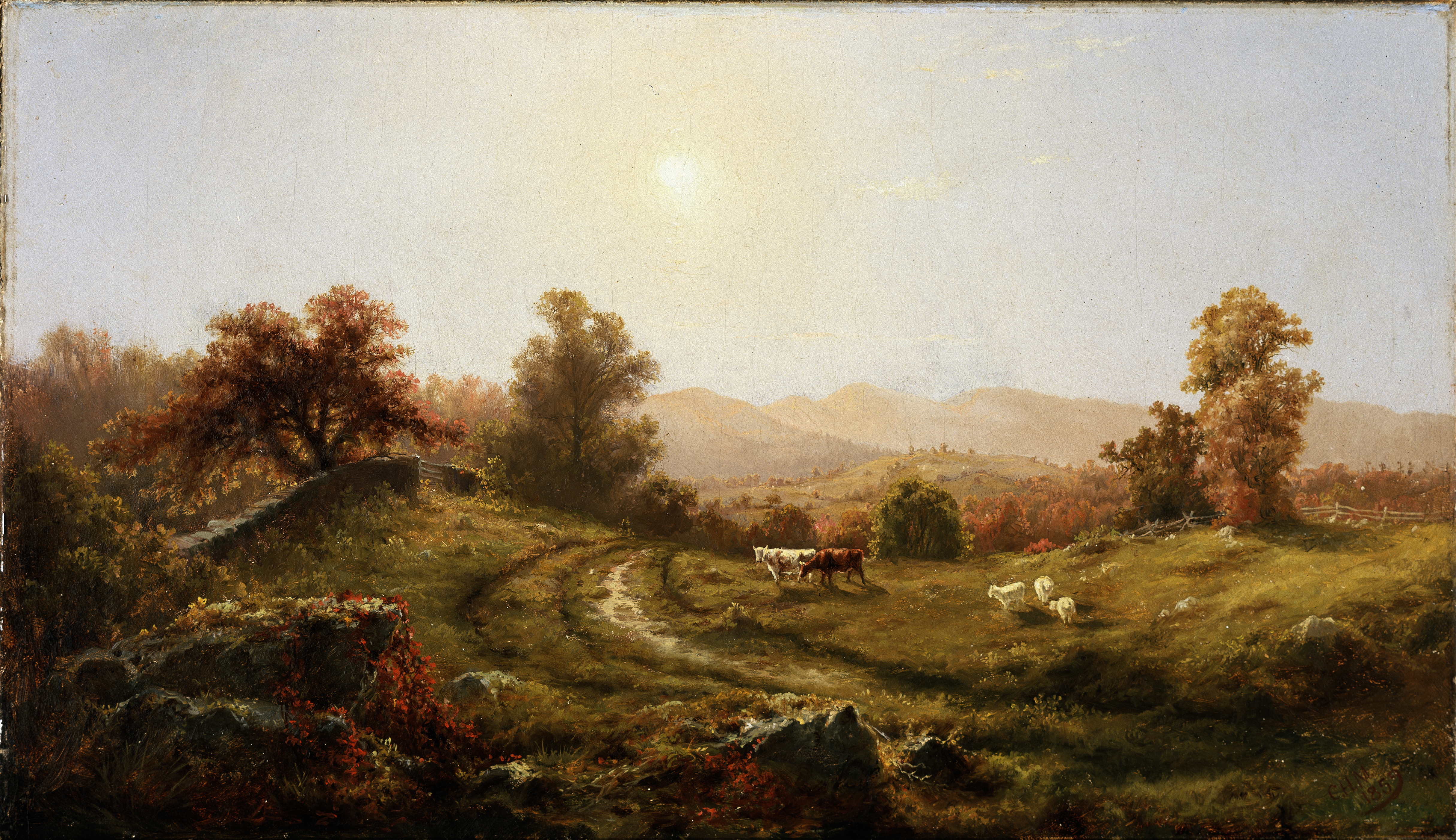 Landscape by Charles Herbert Moore, oil on canvas depicting a serene river and sky.